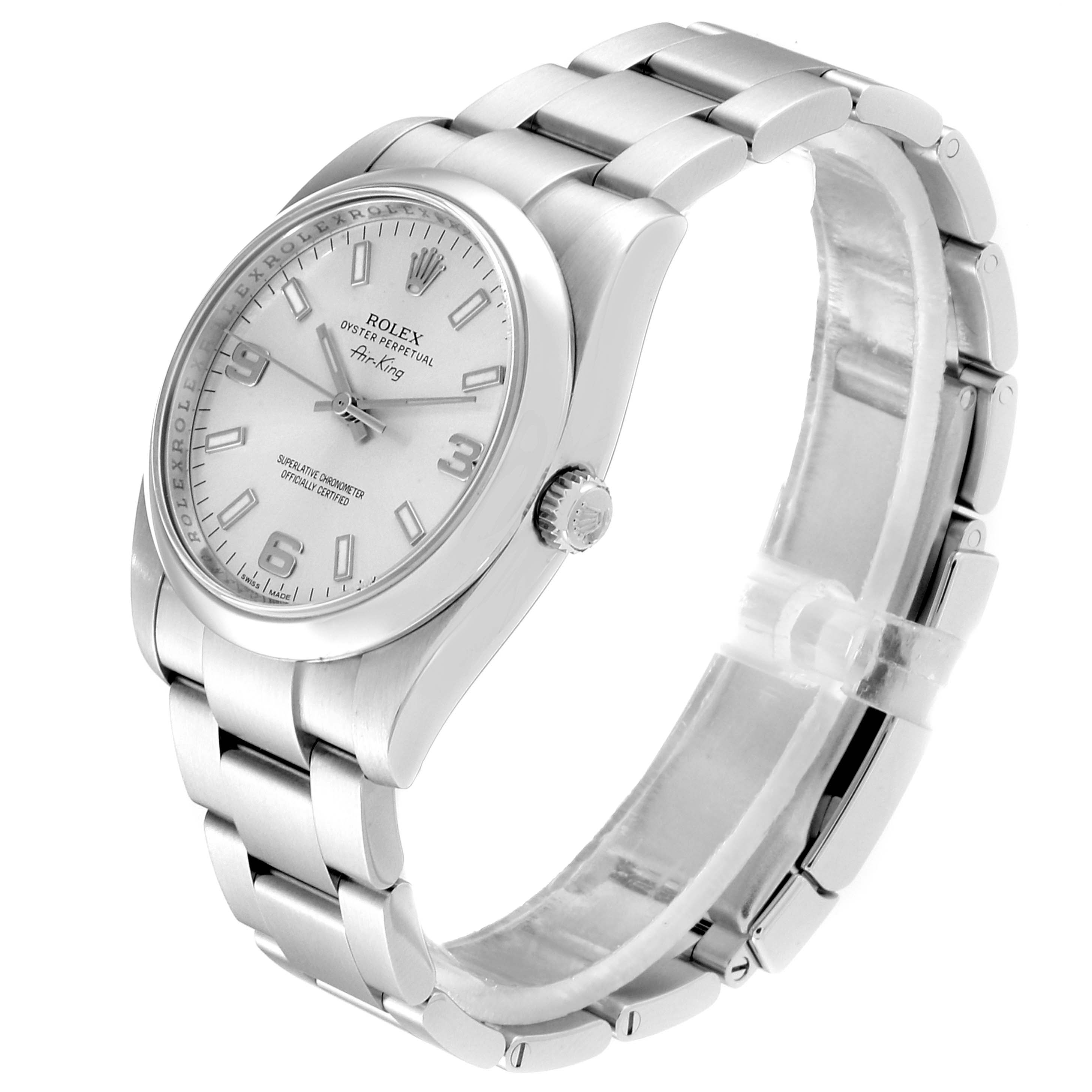 This image shows a side angle of the Rolex Air-King 114200 Men's Stainless Steel Silver Dial 114200 Men's Stainless Steel Silver Dial watch, highlighting its dial, crown, and bracelet.