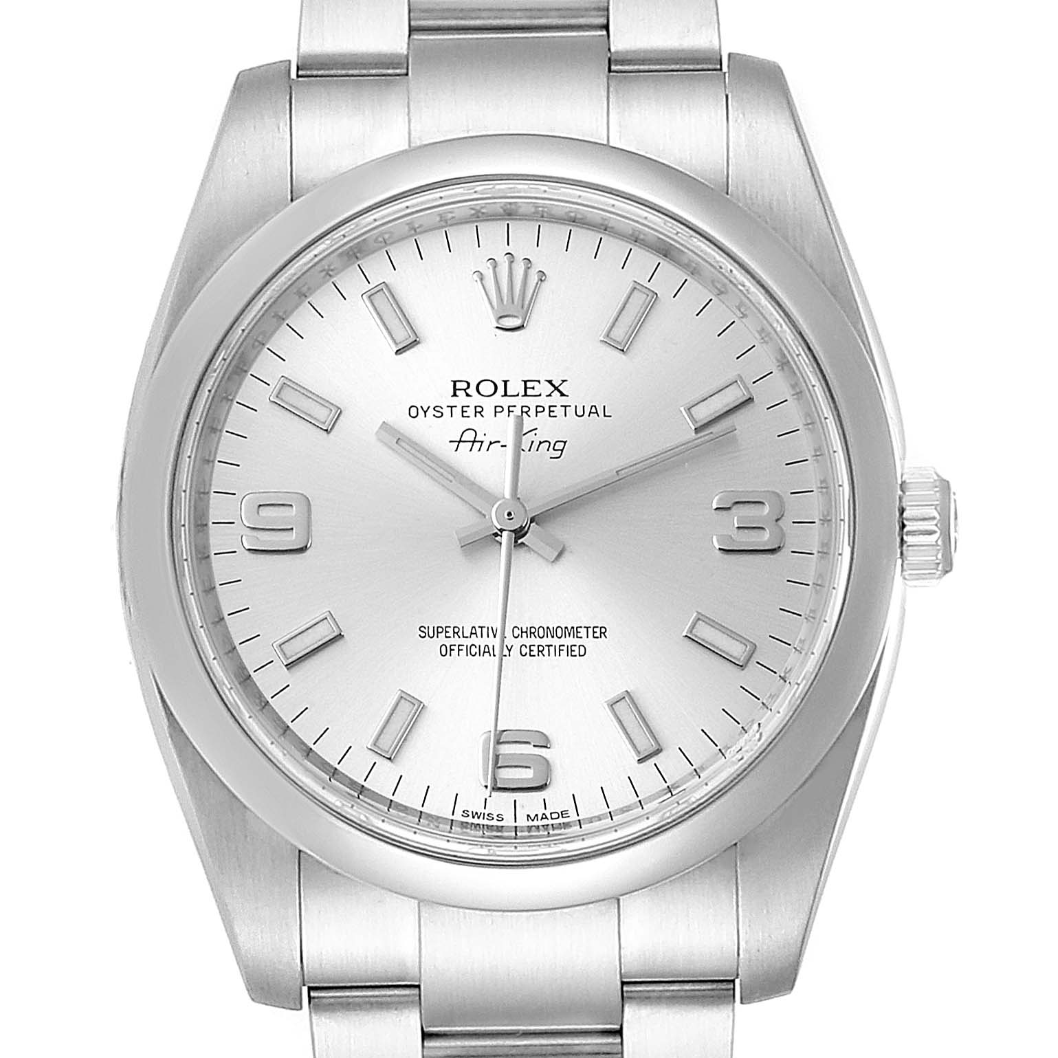 This image shows a front view of the Rolex Air-King 114200 Men's Stainless Steel Silver Dial 114200 Men's Stainless Steel Silver Dial watch, focusing on the dial, crown, and part of the bracelet.