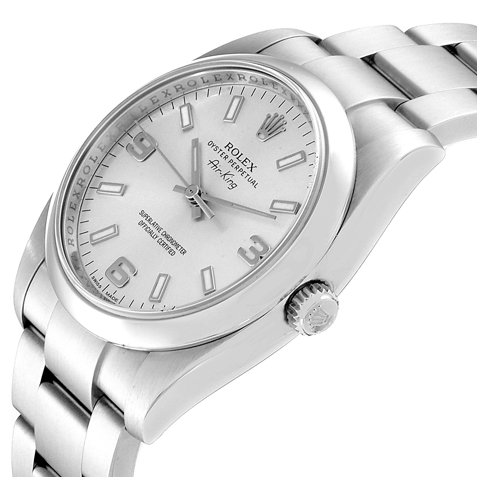 This image shows a side angle of the Rolex Air-King 114200 Men's Stainless Steel Silver Dial 114200 Men's Stainless Steel Silver Dial watch, displaying its face, crown, and bracelet.