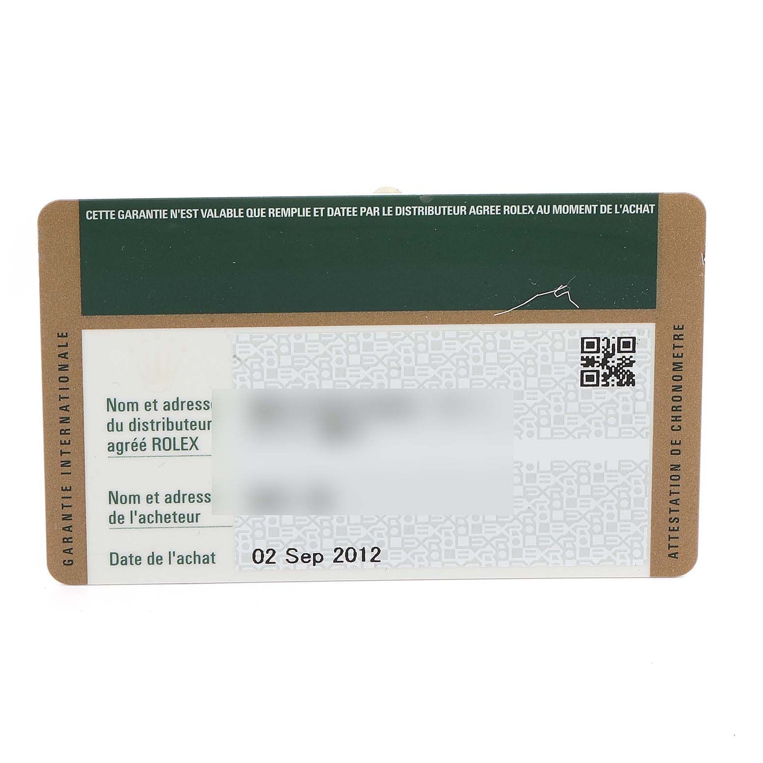 This image shows the warranty card for a Rolex Air-King 114200 Men's Stainless Steel Silver Dial 114200 Men's Stainless Steel Silver Dial watch, highlighting purchase details and dealer information.