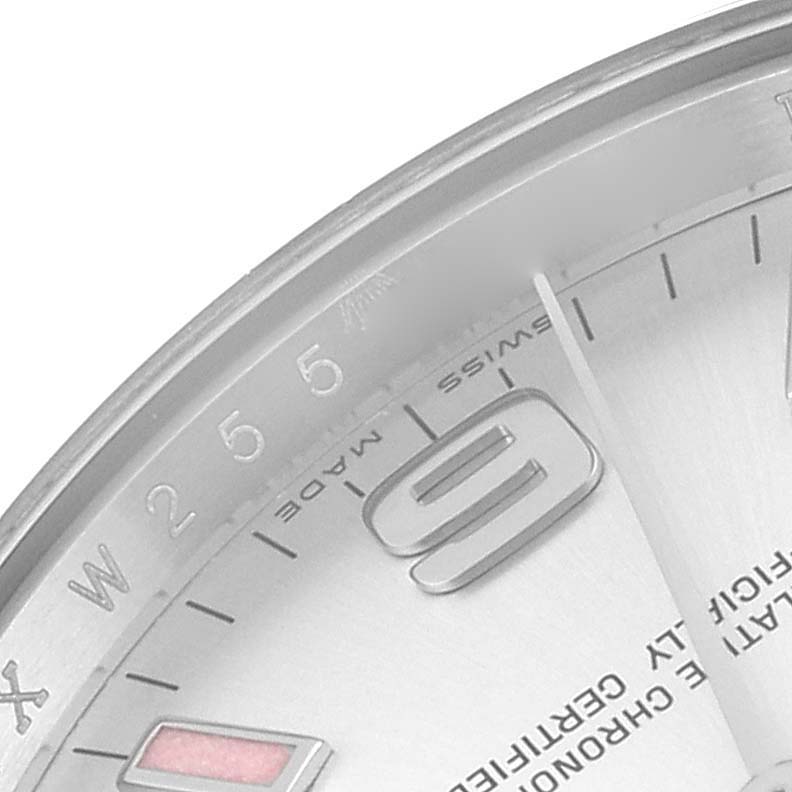 This image shows a close-up of the Rolex Air-King 114200 Men's Stainless Steel Silver Dial 114200 Men's Stainless Steel Silver Dial watch, focusing on the number 9 and surrounding numerals on the dial.