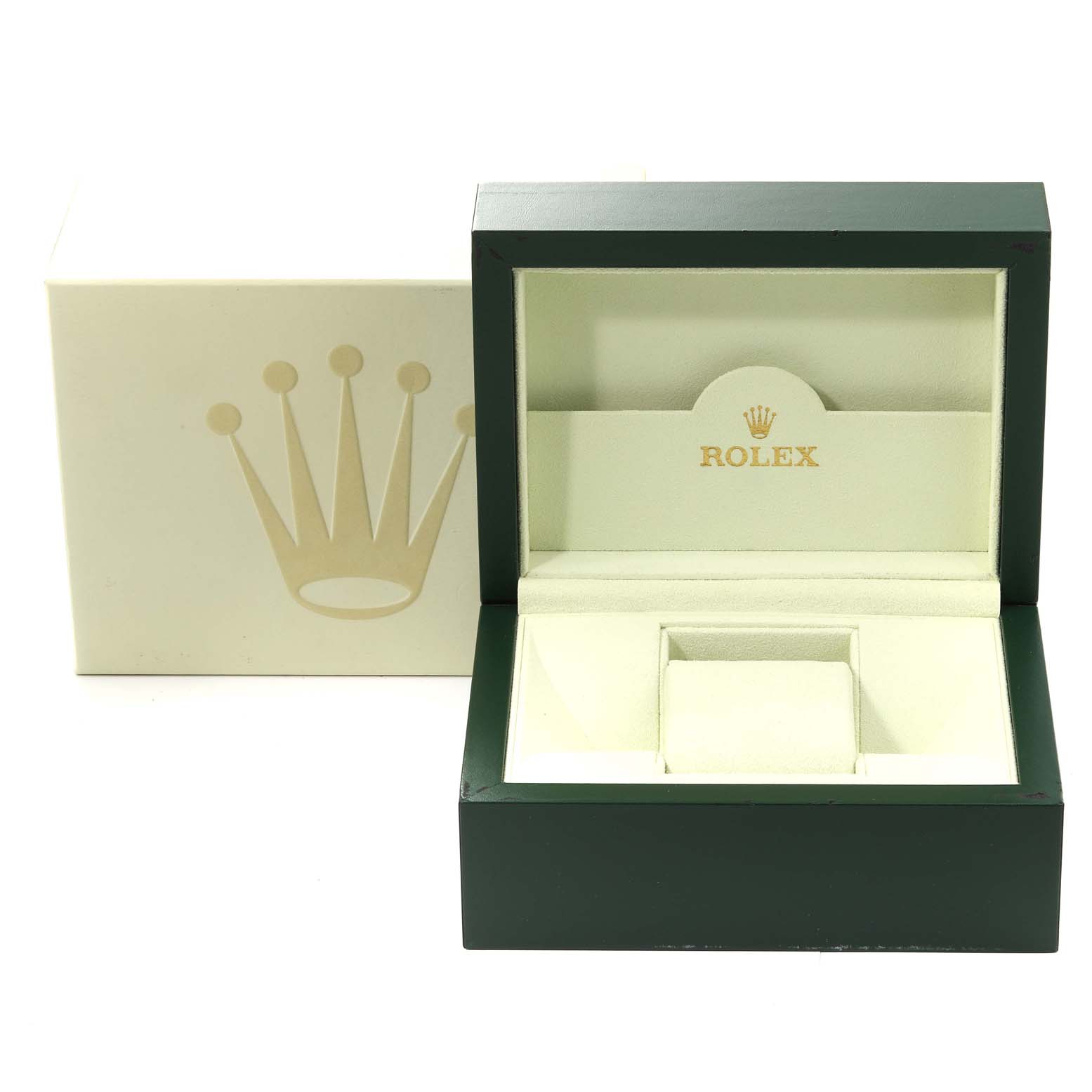 The image shows an open Rolex Air-King 114200 Men's Stainless Steel Silver Dial 114200 Men's Stainless Steel Silver Dial watch box and its outer packaging from a front angle.