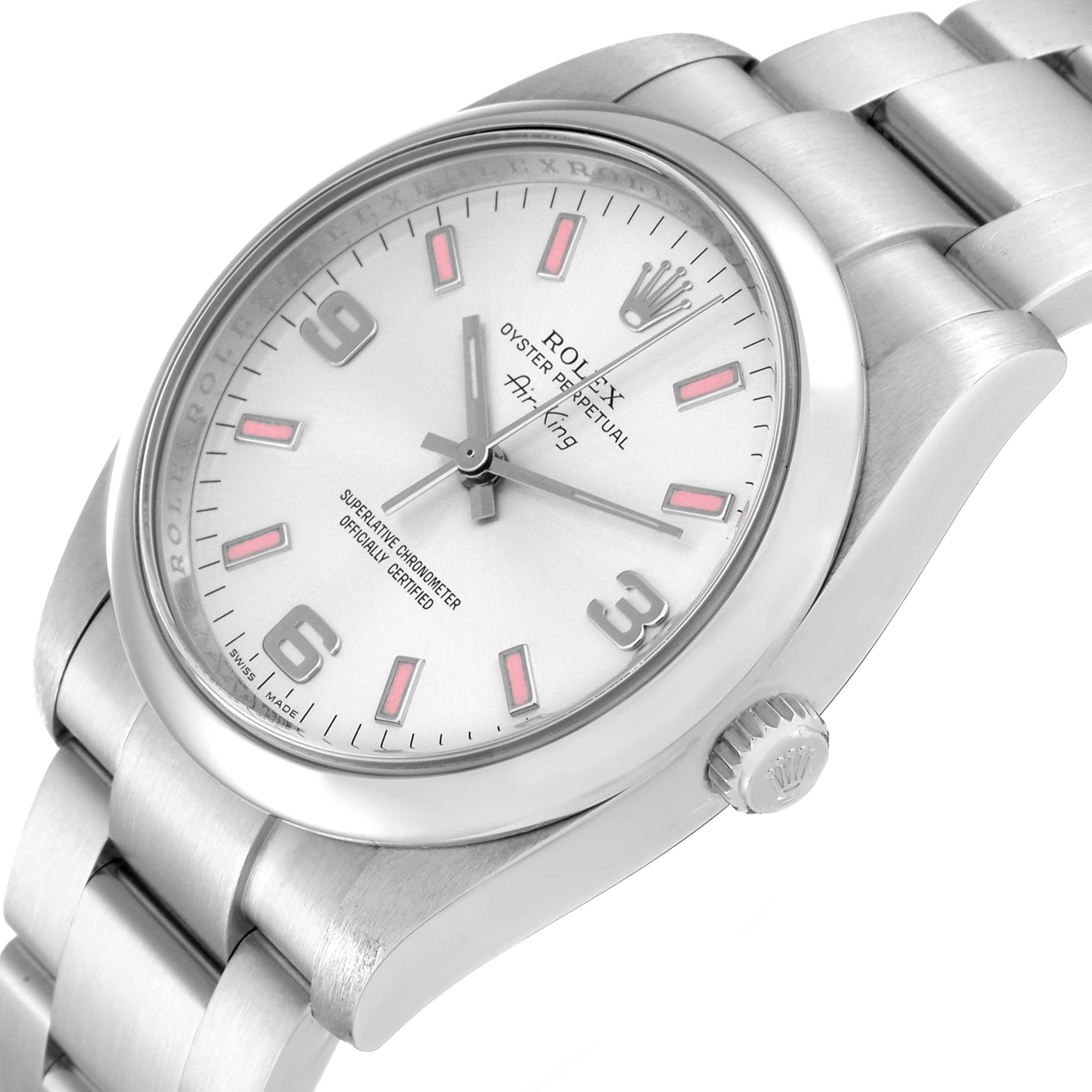 The image shows a close-up, angled view of a Rolex Air-King 114200 Men's Stainless Steel Silver Dial 114200 Men's Stainless Steel Silver Dial, highlighting the dial, case, crown, and bracelet.