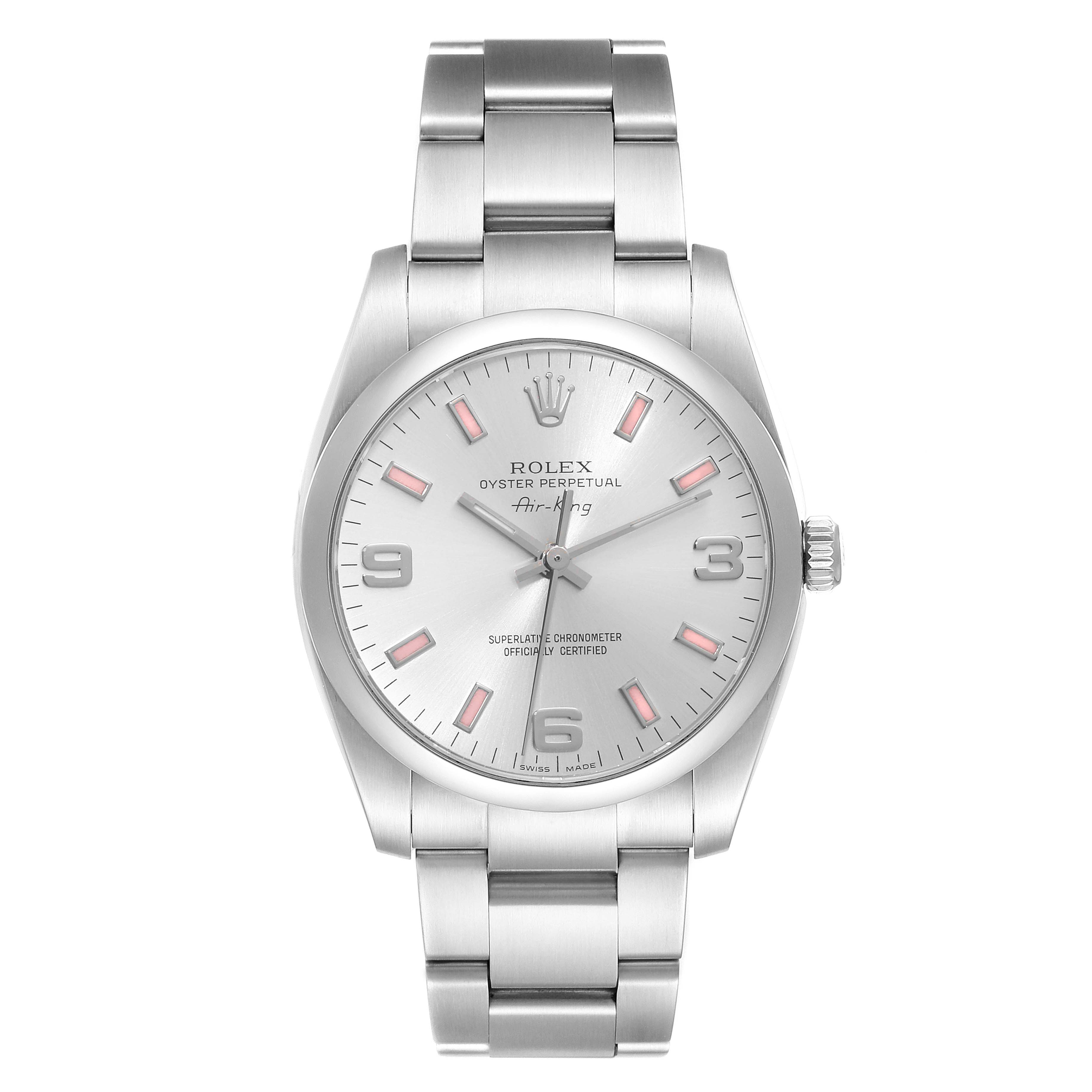 The Rolex Air-King 114200 Men's Stainless Steel Silver Dial 114200 Men's Stainless Steel Silver Dial watch is shown from a front angle, highlighting its dial, hands, crown, and bracelet.