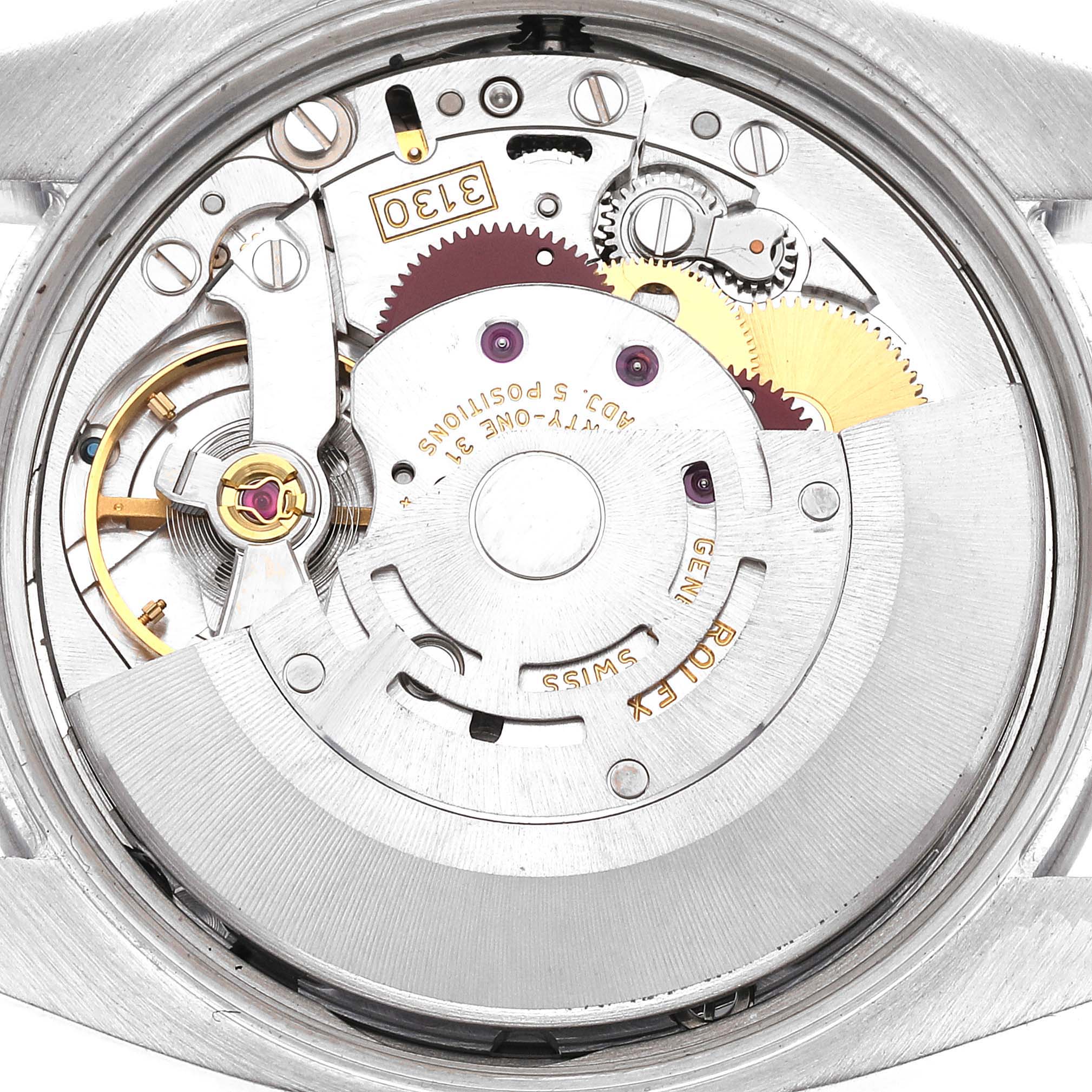 This image shows the internal mechanism and movement of a Rolex Air-King 114200 Men's Stainless Steel Silver Dial 114200 Men's Stainless Steel Silver Dial watch from a top-down angle.