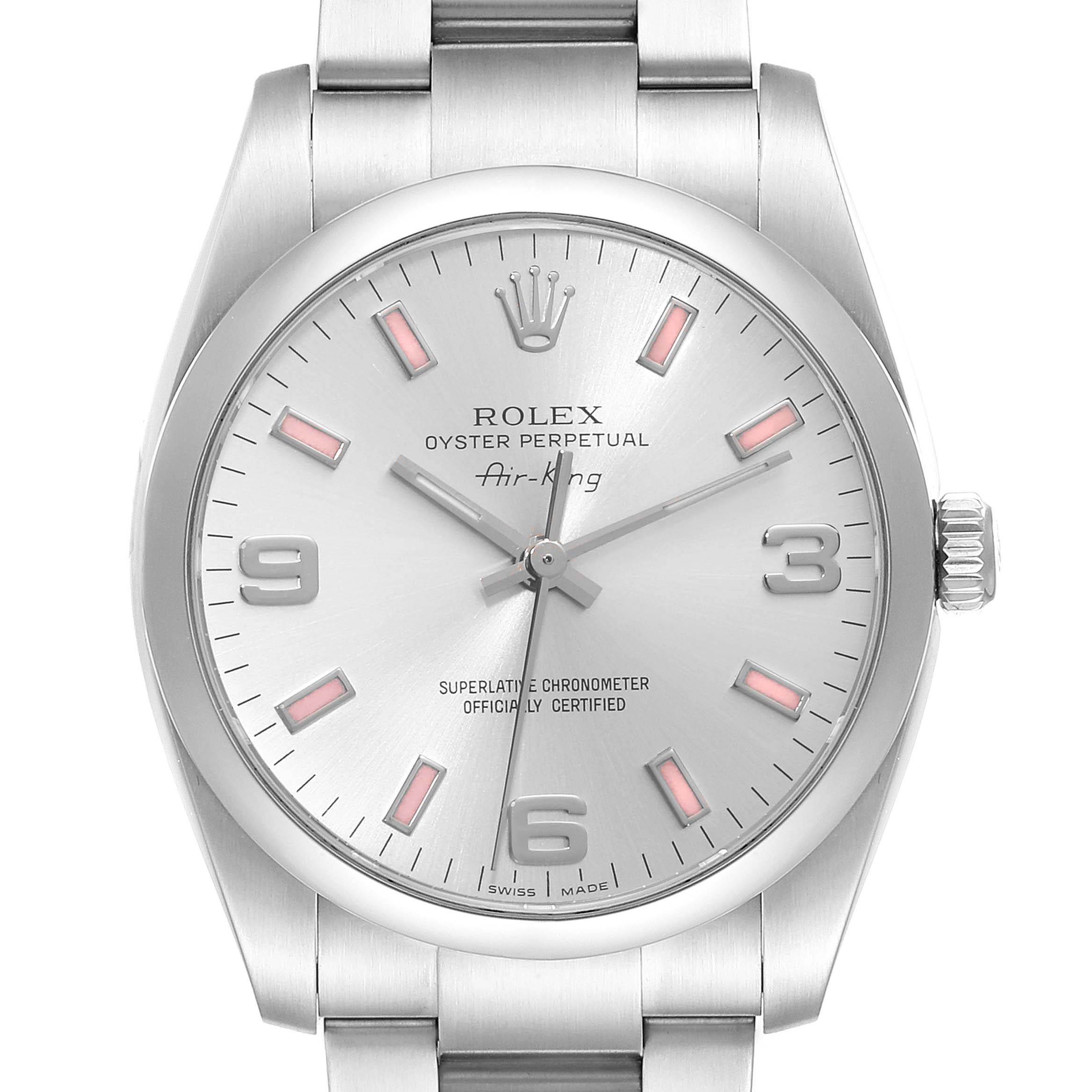 This image shows a front view of a Rolex Air-King 114200 Men's Stainless Steel Silver Dial 114200 Men's Stainless Steel Silver Dial watch, highlighting its dial, bezel, and part of the bracelet.