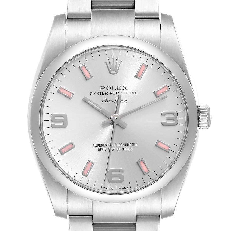 Rolex Air King 34 Silver Pink Baton Dial Steel Mens Watch 114200 SwissWatchExpo