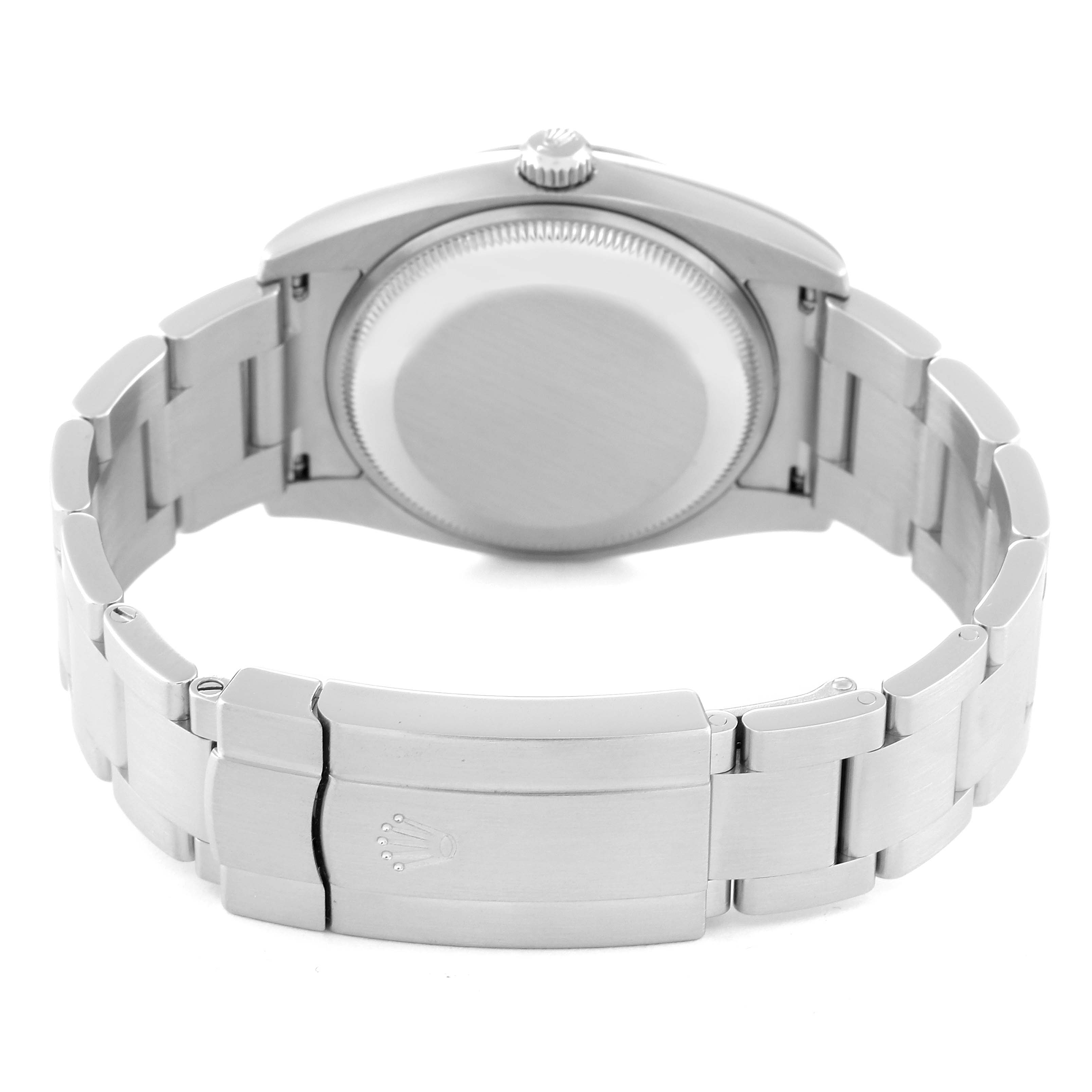 The image shows the back view of a Rolex Air-King 114200 Men's Stainless Steel Silver Dial 114200 Men's Stainless Steel Silver Dial watch, highlighting the closed clasp and the watch case back.