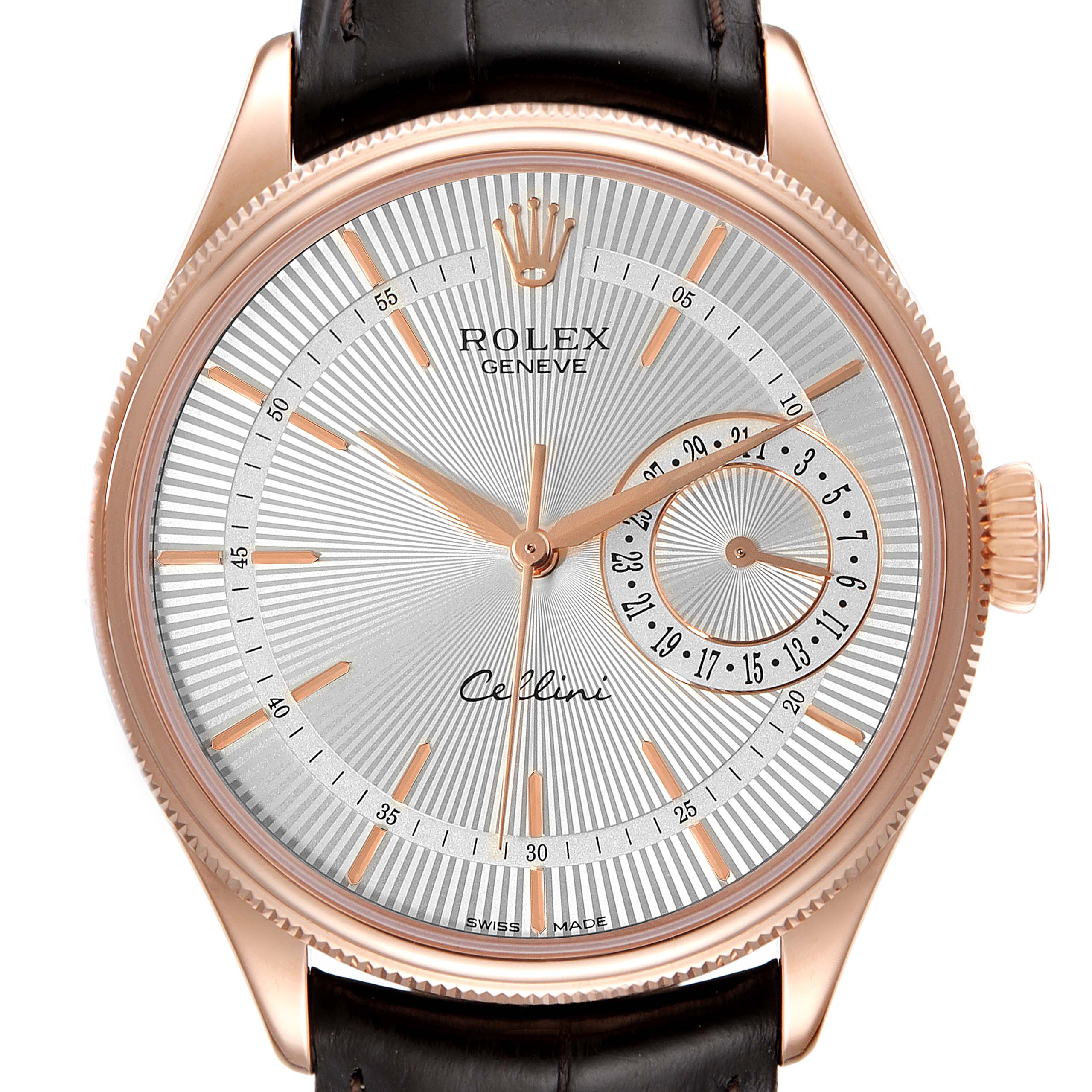 This Rolex Cellini 50515 Men's Rose Gold Silver Dial 50515 Men's Rose Gold Silver Dial watch is shown from a straight-on angle, displaying the dial, hands, crown, and leather strap.