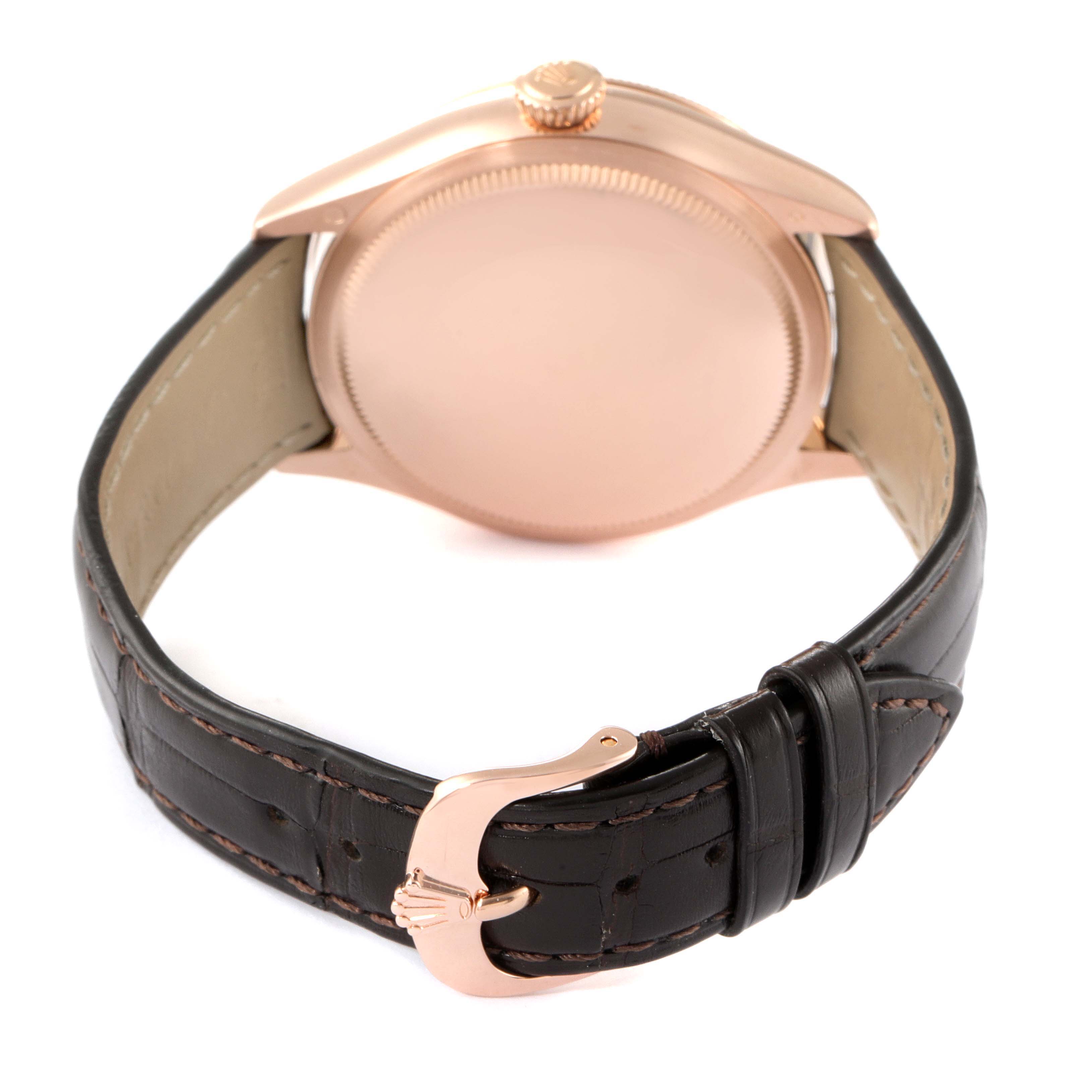 The image shows the back side of the Rolex Cellini 50515 Men's Rose Gold Silver Dial 50515 Men's Rose Gold Silver Dial watch, displaying the case back, crown, and leather strap with a buckle.