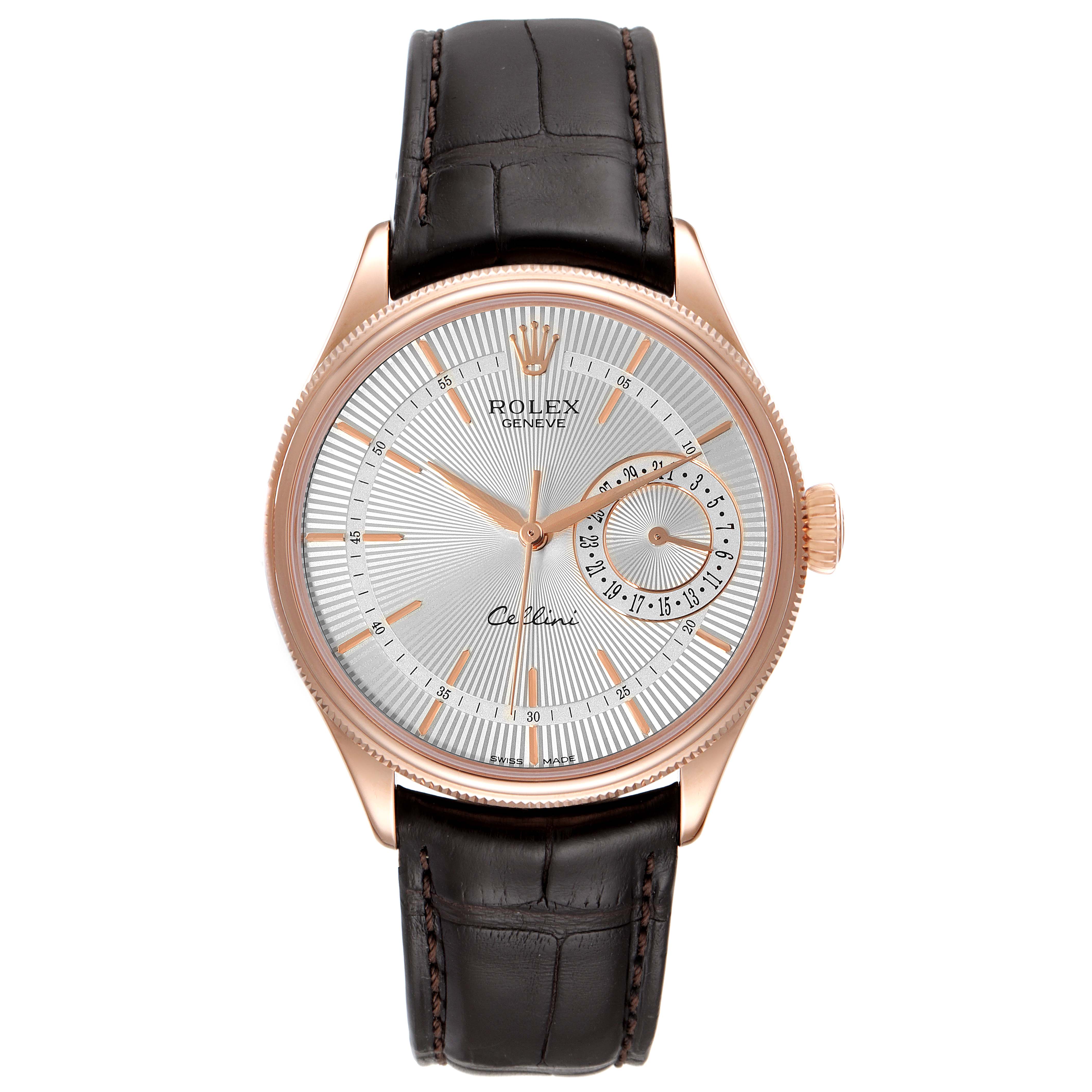 The Rolex Cellini 50515 Men's Rose Gold Silver Dial 50515 Men's Rose Gold Silver Dial watch is shown from a top-down angle, highlighting its dial, case, and strap.