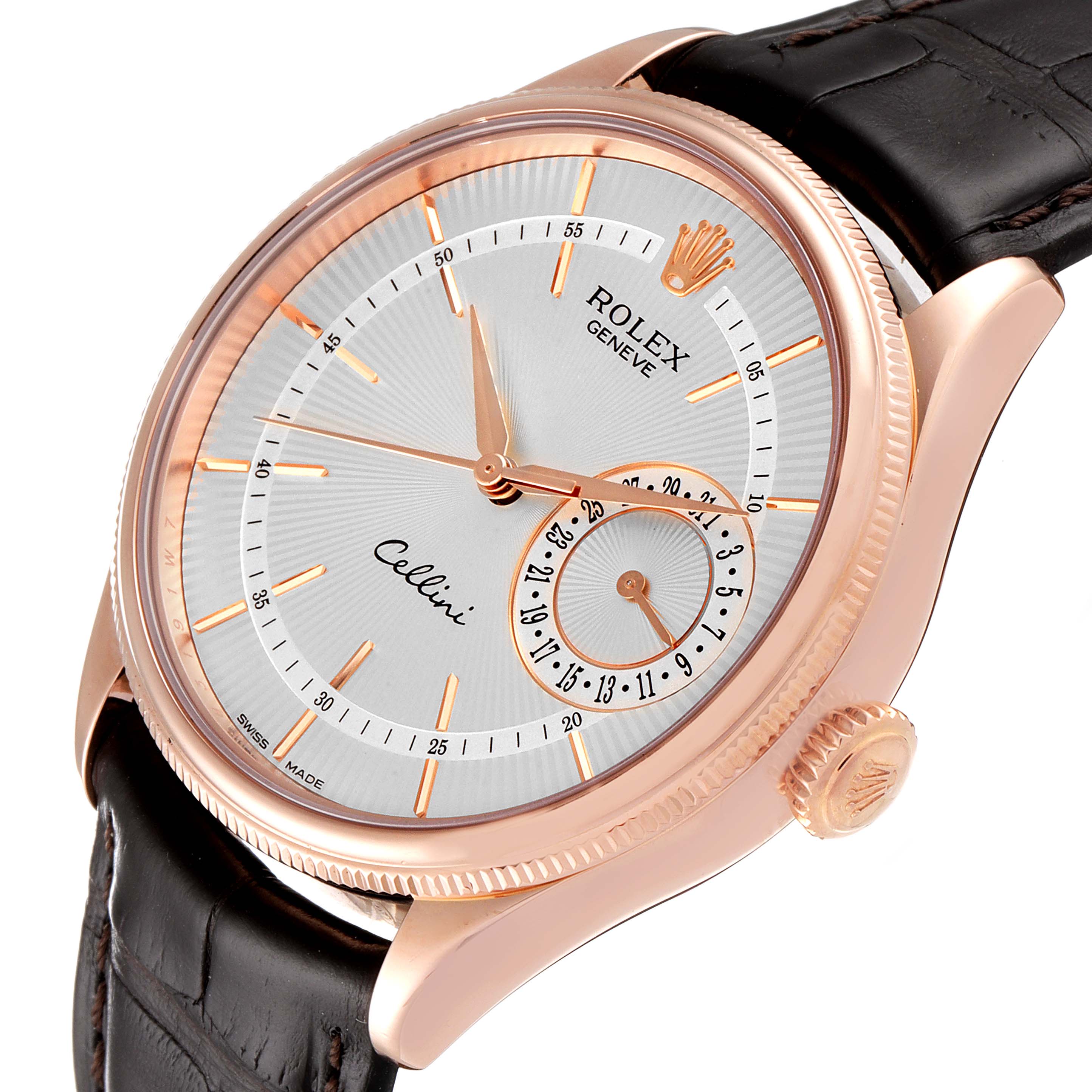 The image shows a close-up of the Rolex Cellini 50515 Men's Rose Gold Silver Dial 50515 Men's Rose Gold Silver Dial watch, displaying its dial, crown, and part of the leather strap at a tilted angle.