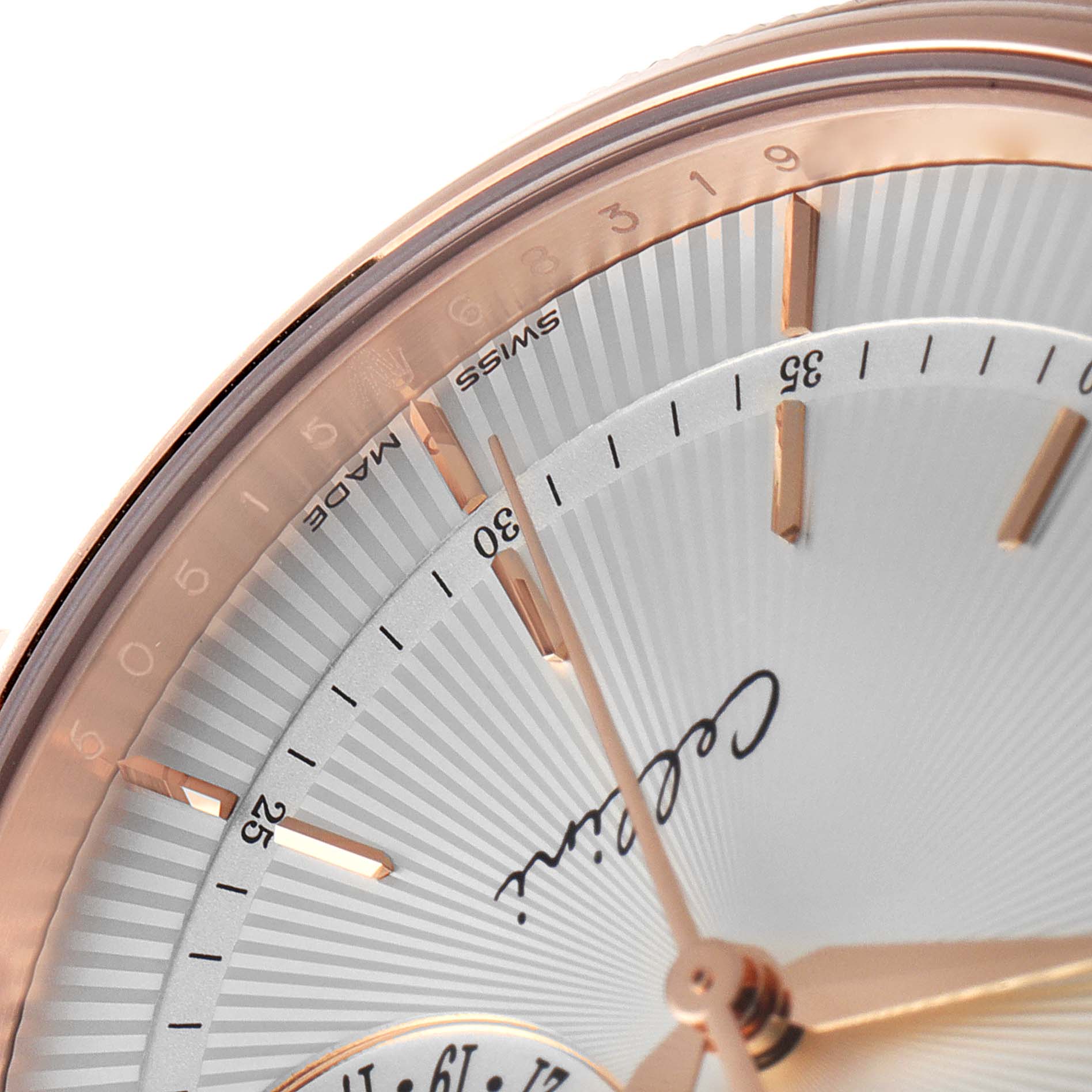 The image shows a close-up angle of the Rolex Cellini 50515 Men's Rose Gold Silver Dial 50515 Men's Rose Gold Silver Dial watch face, highlighting the dial, hands, and part of the bezel.