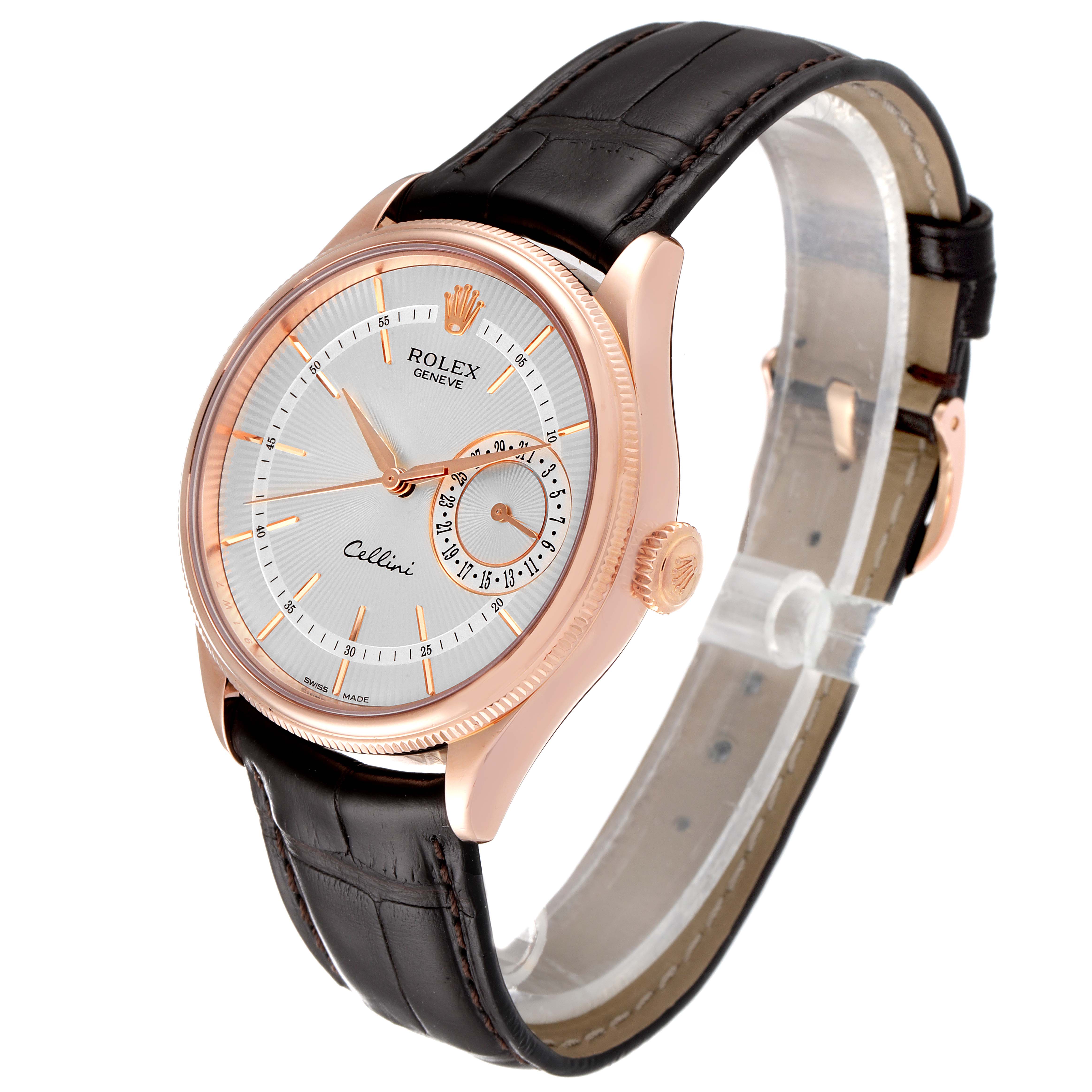 The Rolex Cellini 50515 Men's Rose Gold Silver Dial 50515 Men's Rose Gold Silver Dial watch is shown at a three-quarter angle, featuring its face, crown, and leather strap.