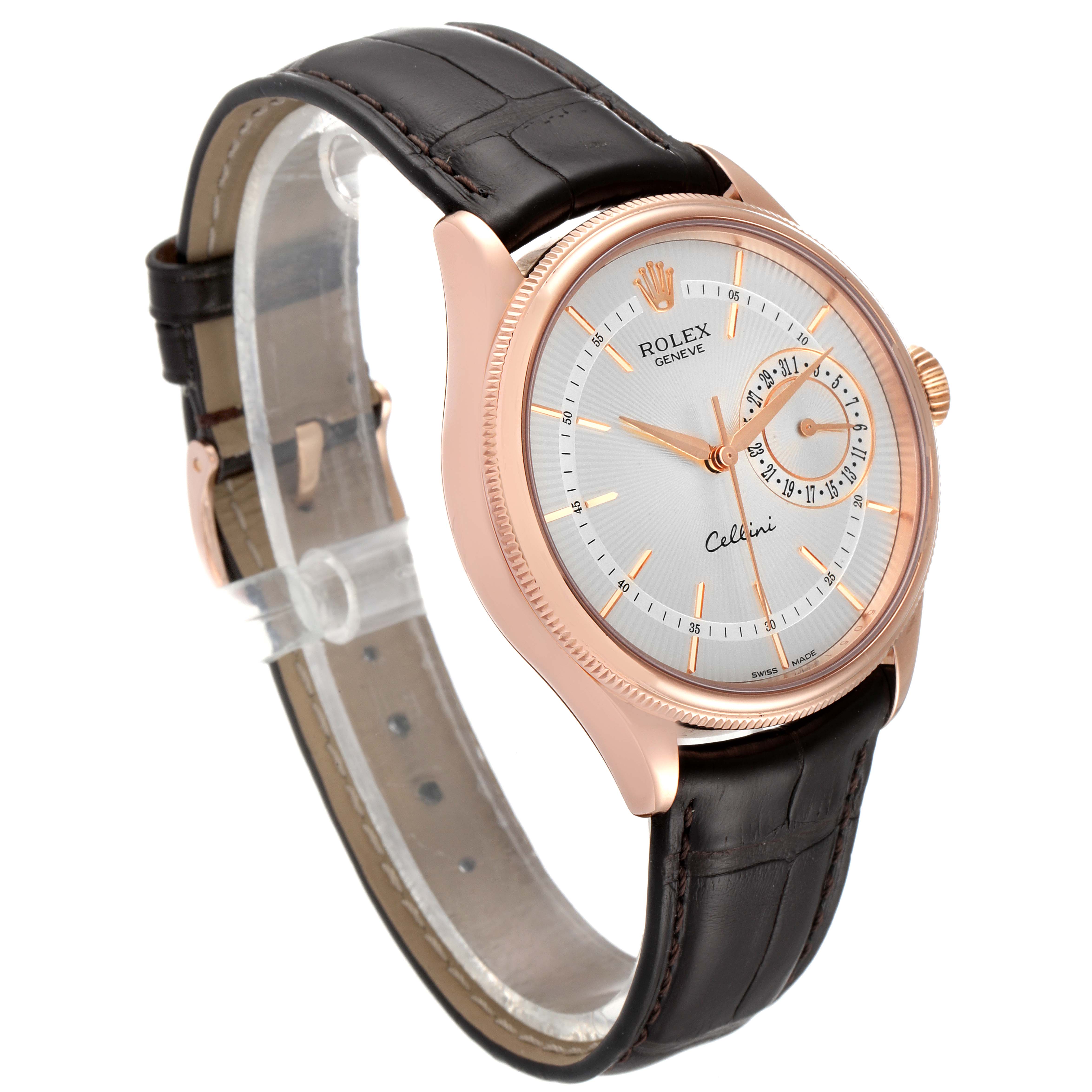 This image shows a Rolex Cellini 50515 Men's Rose Gold Silver Dial 50515 Men's Rose Gold Silver Dial watch at an angled side view, displaying its rose gold case, white dial, leather strap, and crown.