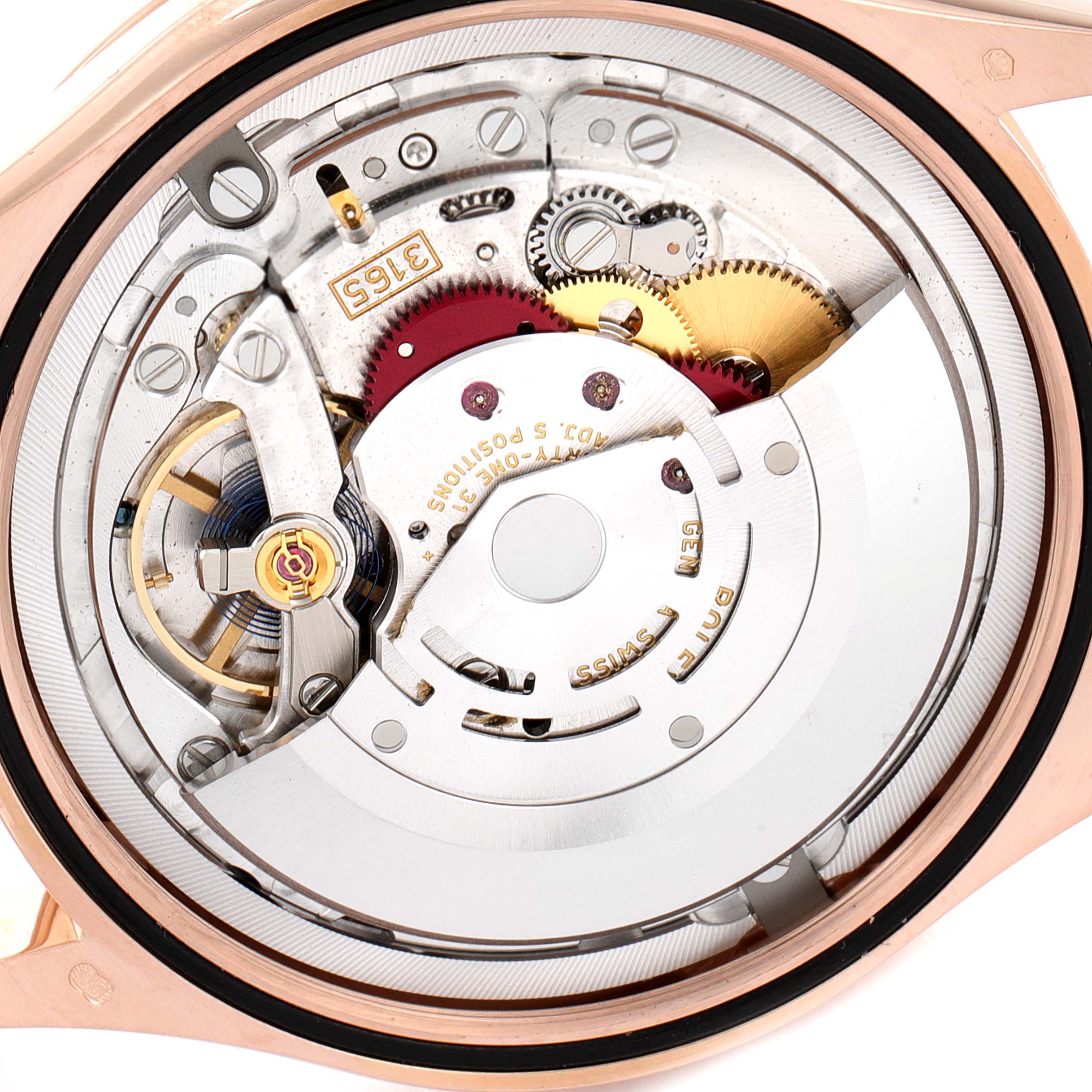 The image shows the inner mechanical movement of the Rolex Cellini 50515 Men's Rose Gold Silver Dial 50515 Men's Rose Gold Silver Dial watch at a close-up angle.