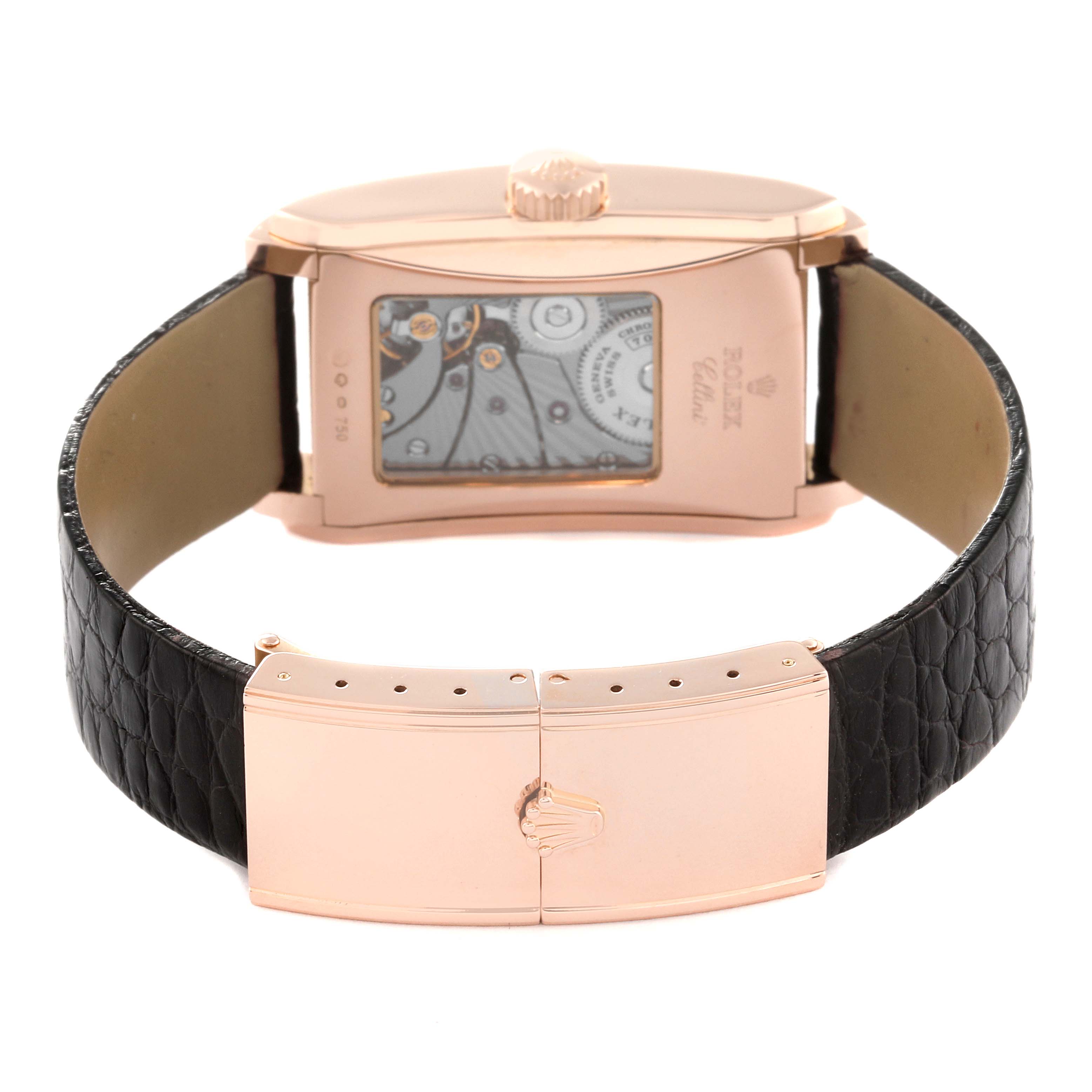 The image shows the back view of the Rolex Cellini 5442/5 Men's Rose Gold Black Dial 5442/5 Men's Rose Gold Black Dial watch, including its gold case, leather strap, and visible mechanical movement.