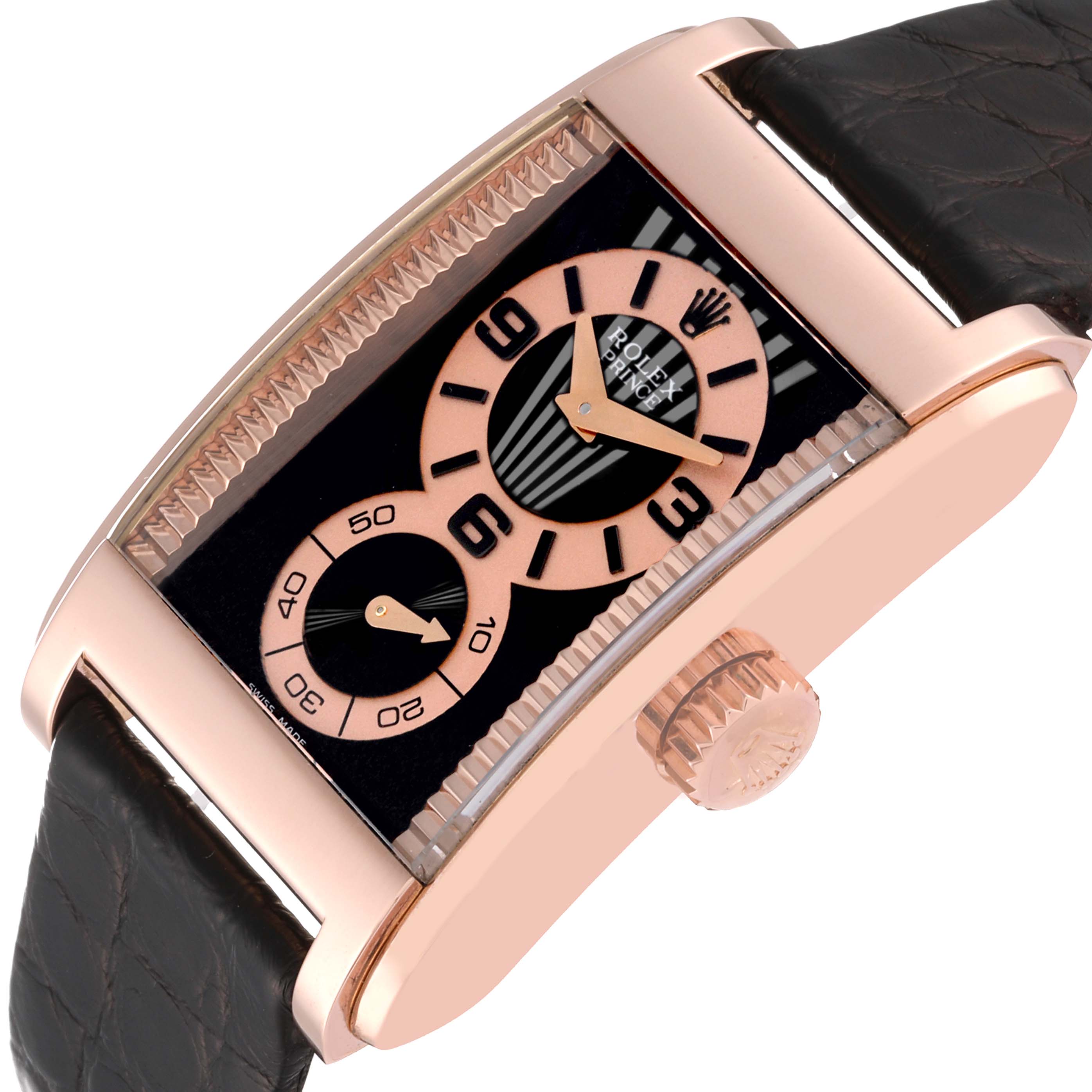 The Rolex Cellini 5442/5 Men's Rose Gold Black Dial 5442/5 Men's Rose Gold Black Dial watch is shown at an angle highlighting its rectangular face, crown, and strap attachment.