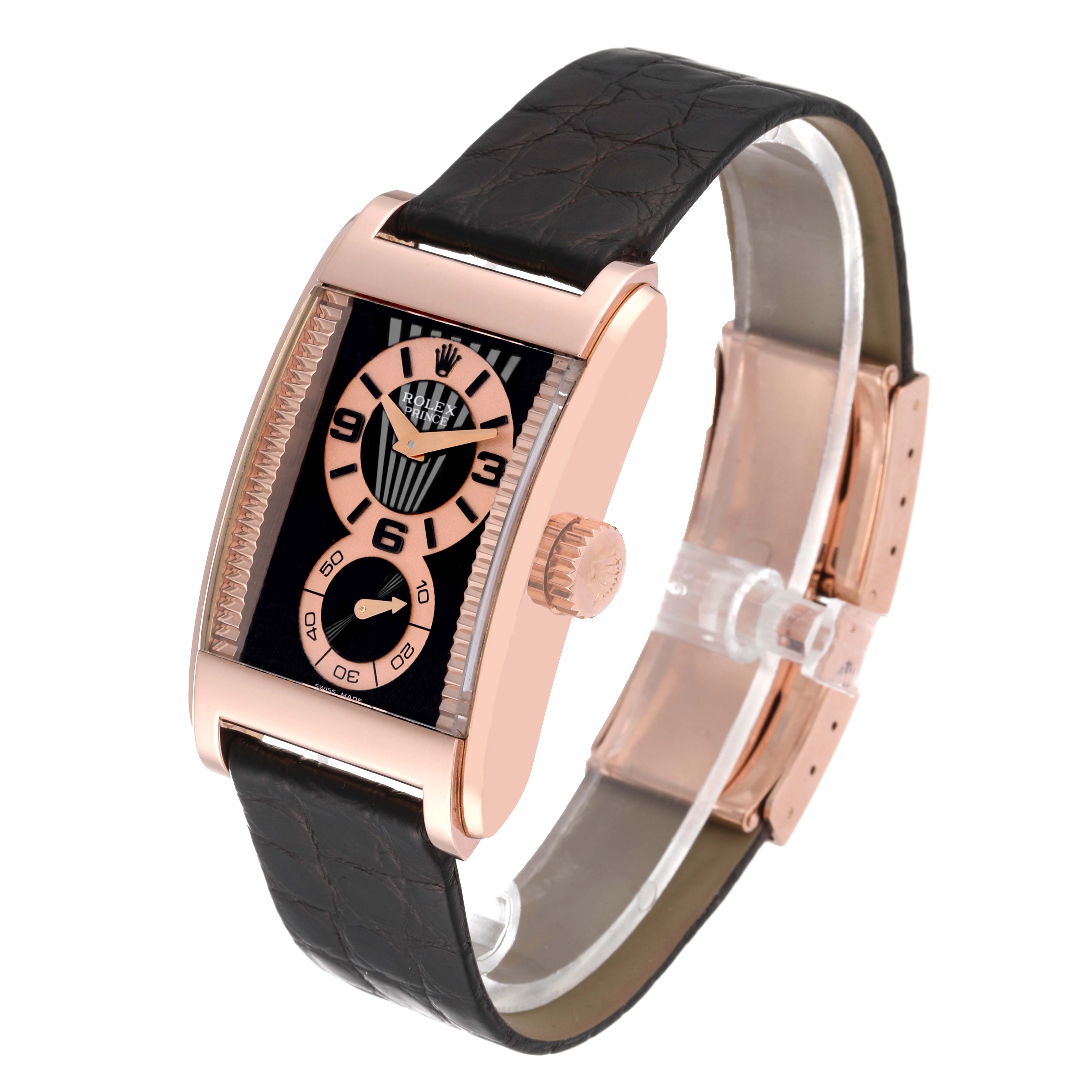 The image shows a front diagonal view of the Rolex Cellini 5442/5 Men's Rose Gold Black Dial 5442/5 Men's Rose Gold Black Dial watch, highlighting its dial, case, crown, and leather strap.