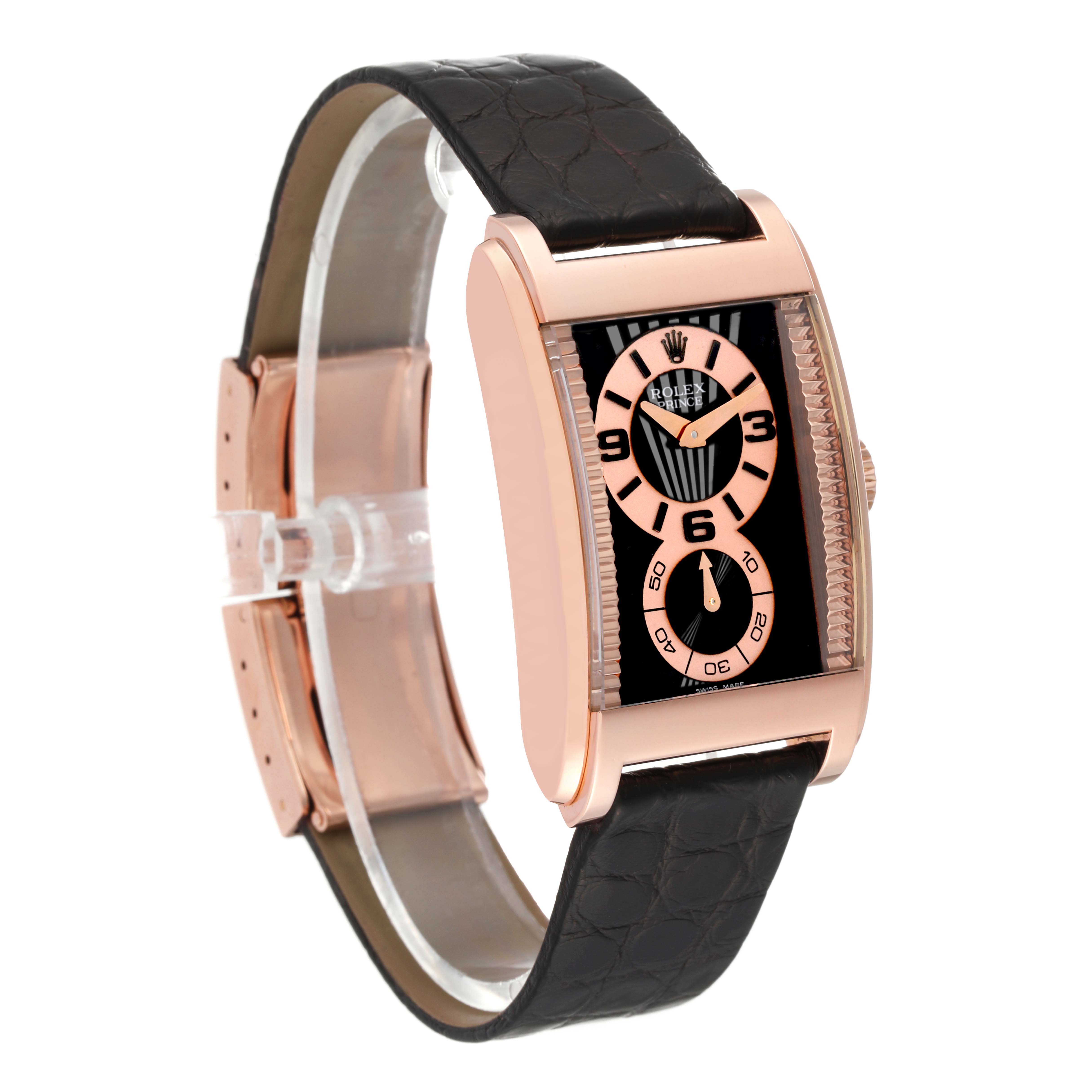 The Rolex Cellini 5442/5 Men's Rose Gold Black Dial 5442/5 Men's Rose Gold Black Dial watch is shown at an angled side view, highlighting its face, bezel, crown, and leather strap.