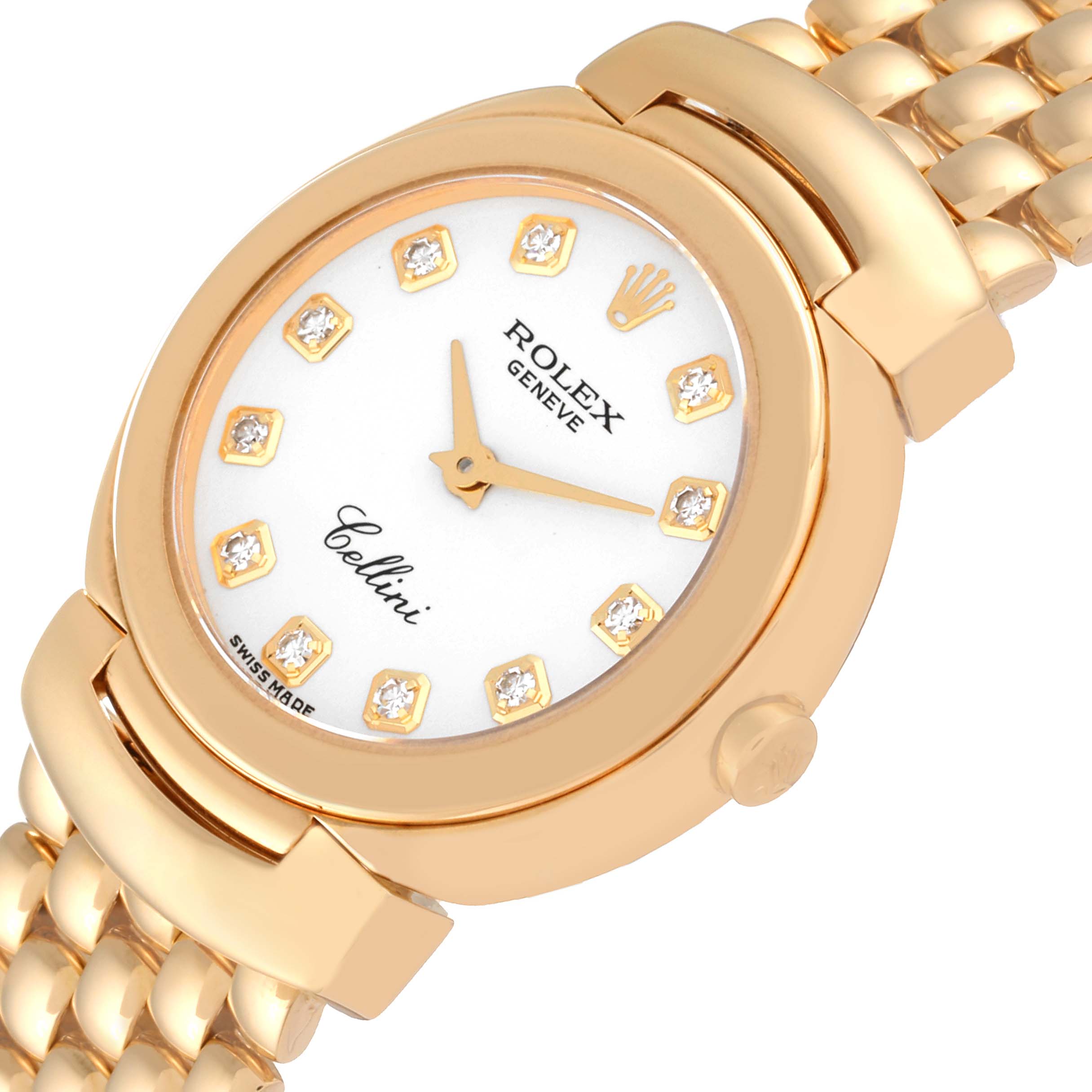 The image shows a close-up of the Rolex Cellini 6621 Women's Yellow Gold White Dial 6621 Women's Yellow Gold White Dial watch face and part of the gold bracelet at an oblique angle.