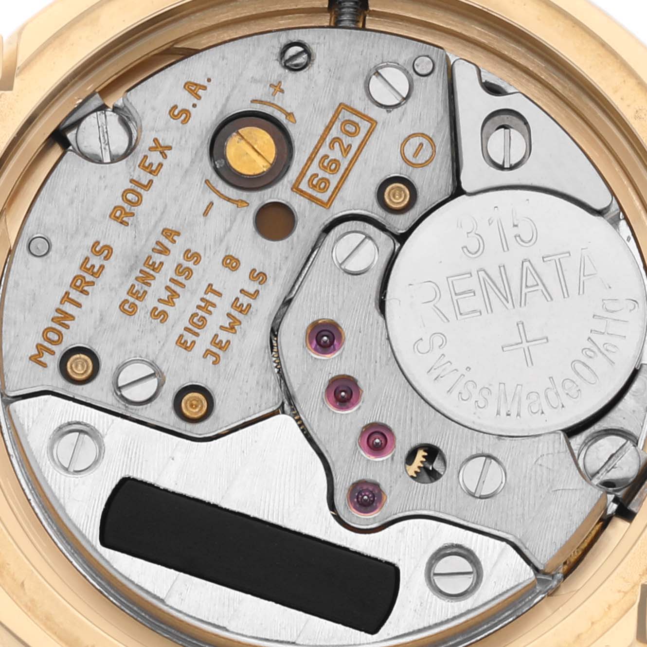 This image shows the movement and internal components of a Rolex Cellini 6621 Women's Yellow Gold White Dial 6621 Women's Yellow Gold White Dial watch from a top-down angle.