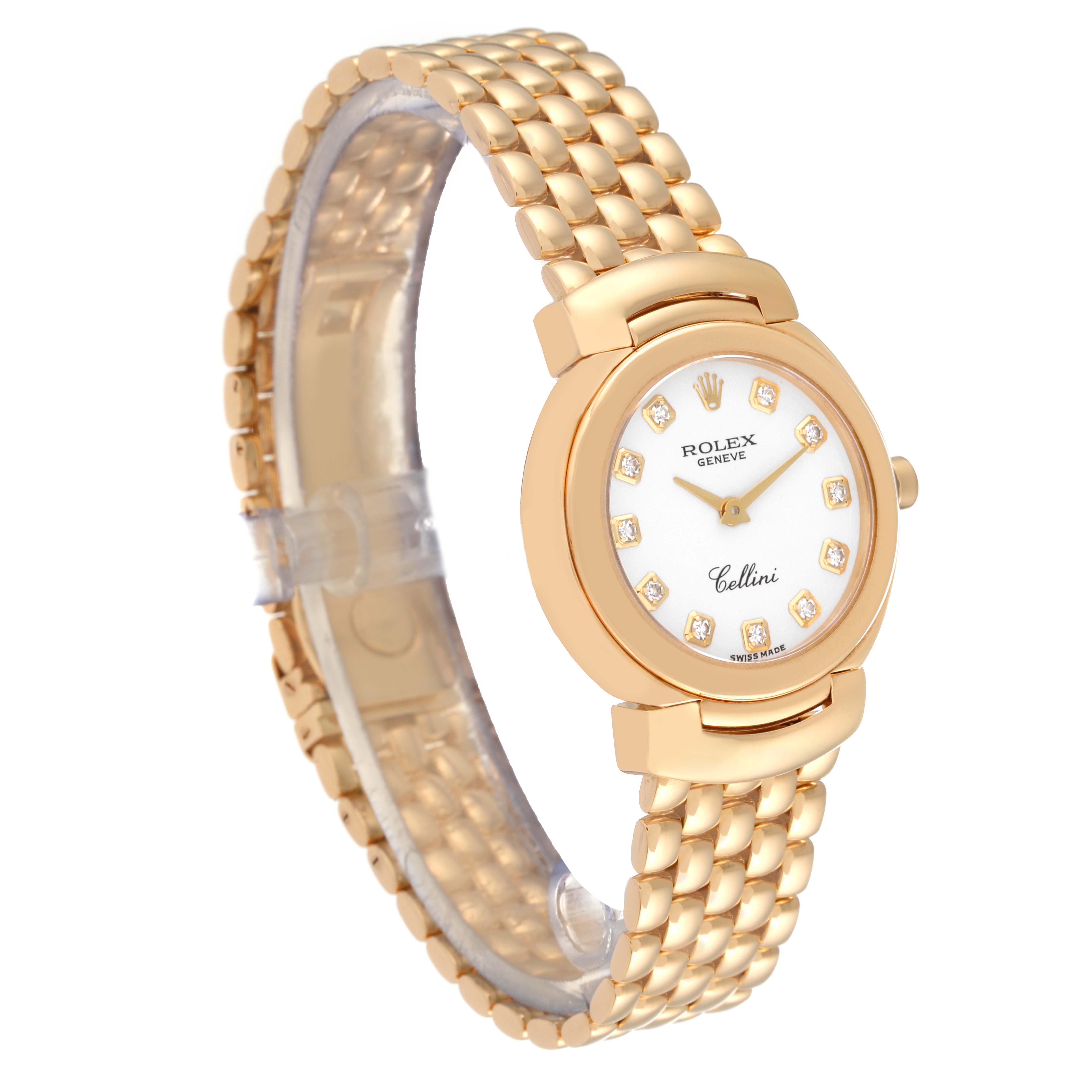 This image shows a Rolex Cellini 6621 Women's Yellow Gold White Dial 6621 Women's Yellow Gold White Dial watch from a side angle, highlighting its gold bracelet and round dial with diamond markers.