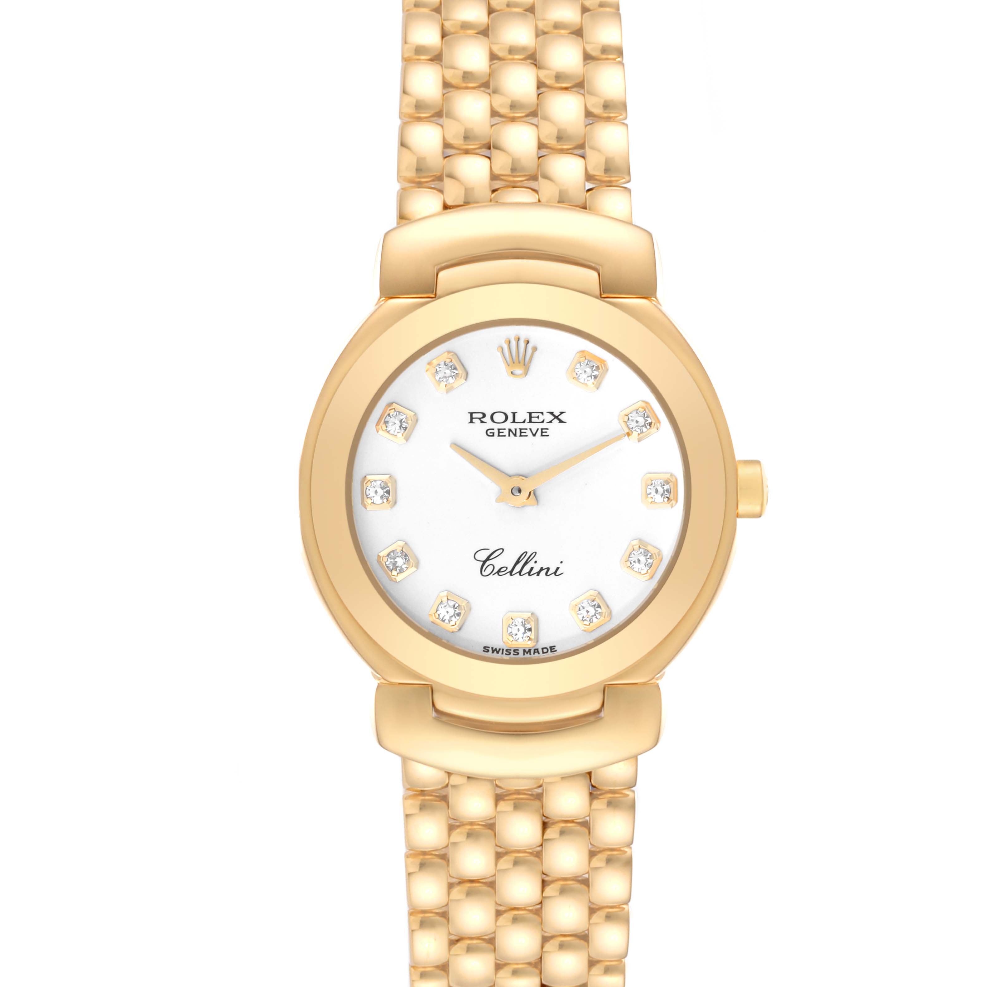 This image shows a front view of a Rolex Cellini 6621 Women's Yellow Gold White Dial 6621 Women's Yellow Gold White Dial model watch, highlighting its gold casing, bracelet, and diamond-studded dial.