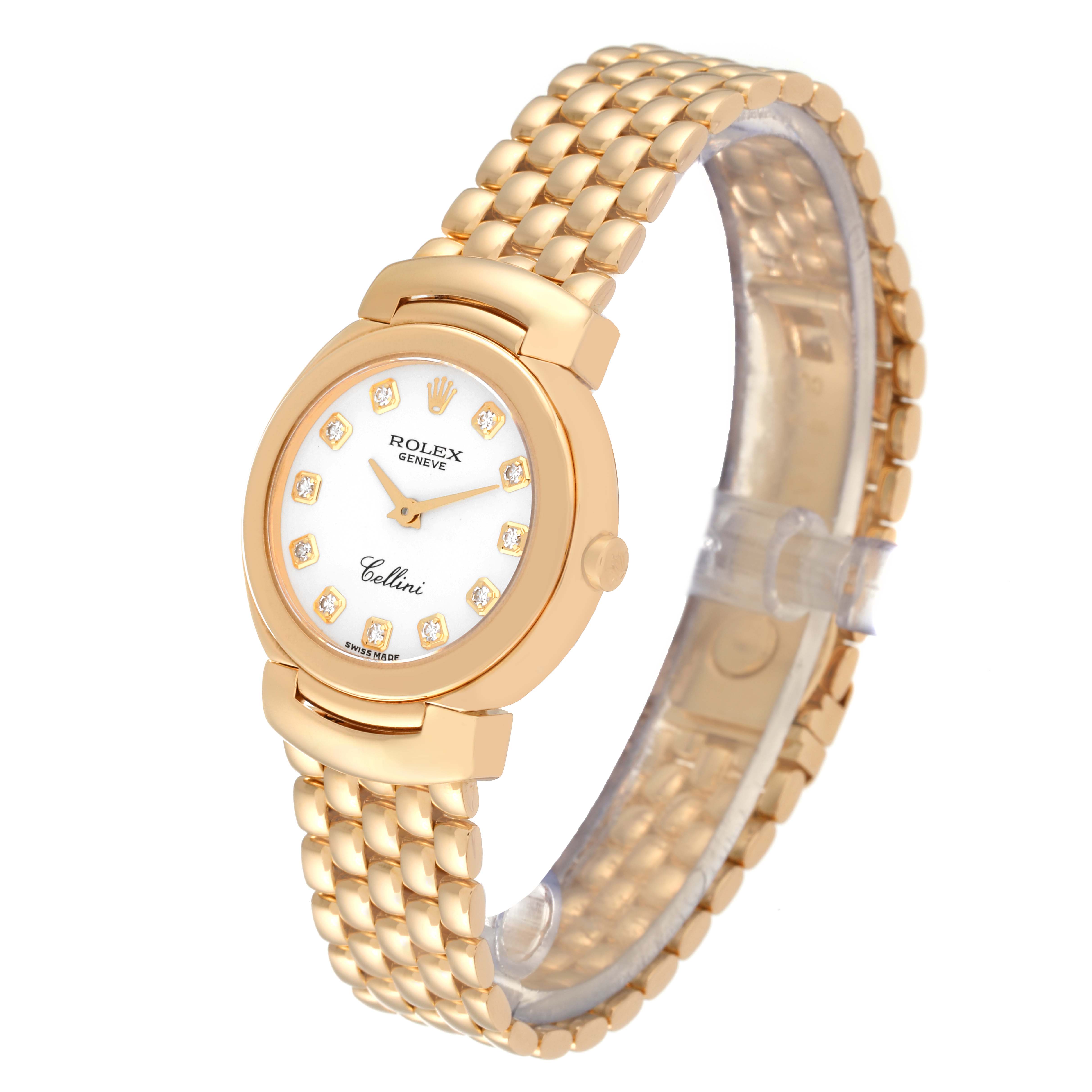 The image shows a Rolex Cellini 6621 Women's Yellow Gold White Dial 6621 Women's Yellow Gold White Dial watch from an angled side view, displaying the face, bezel, and gold bracelet.
