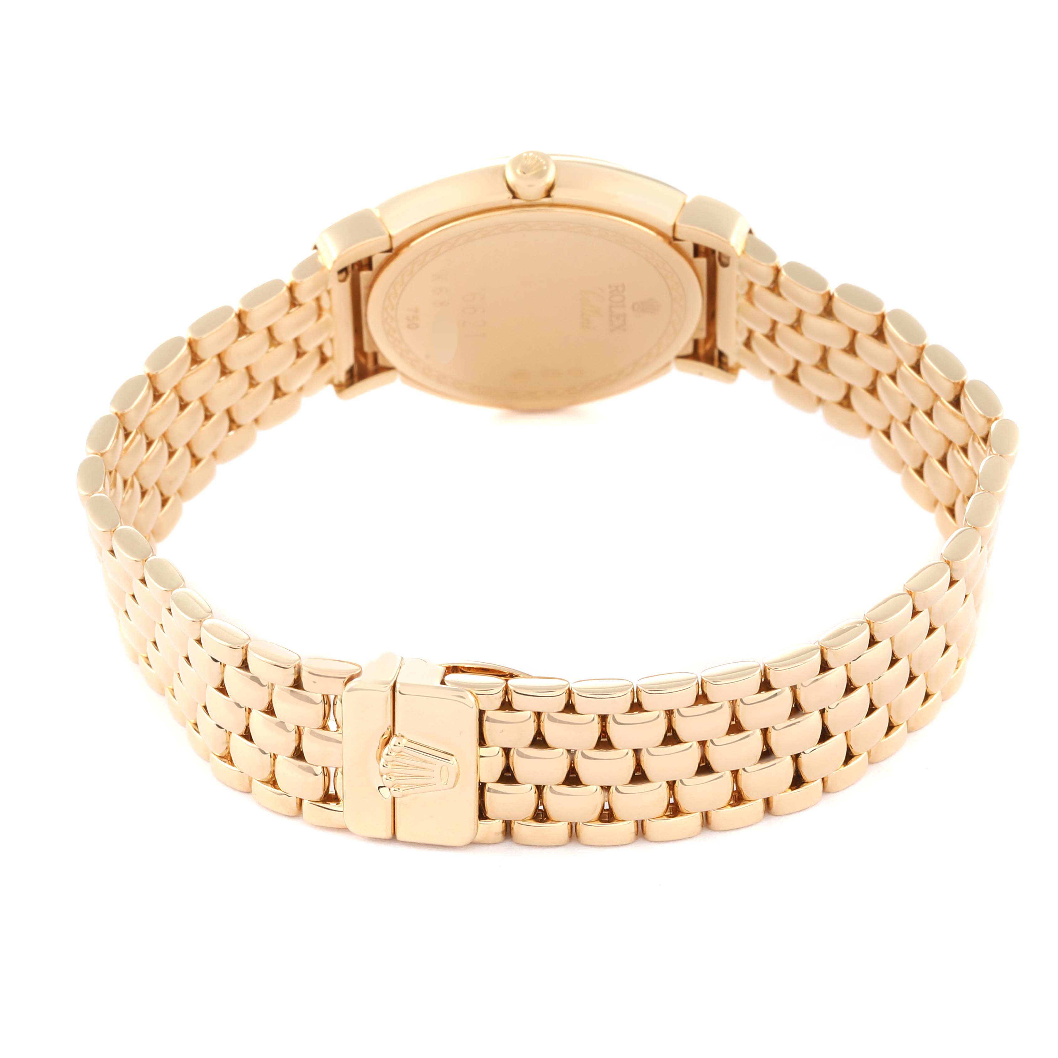 This image shows the Rolex Cellini 6621 Women's Yellow Gold White Dial 6621 Women's Yellow Gold White Dial watch from the back, focusing on the bracelet and clasp.