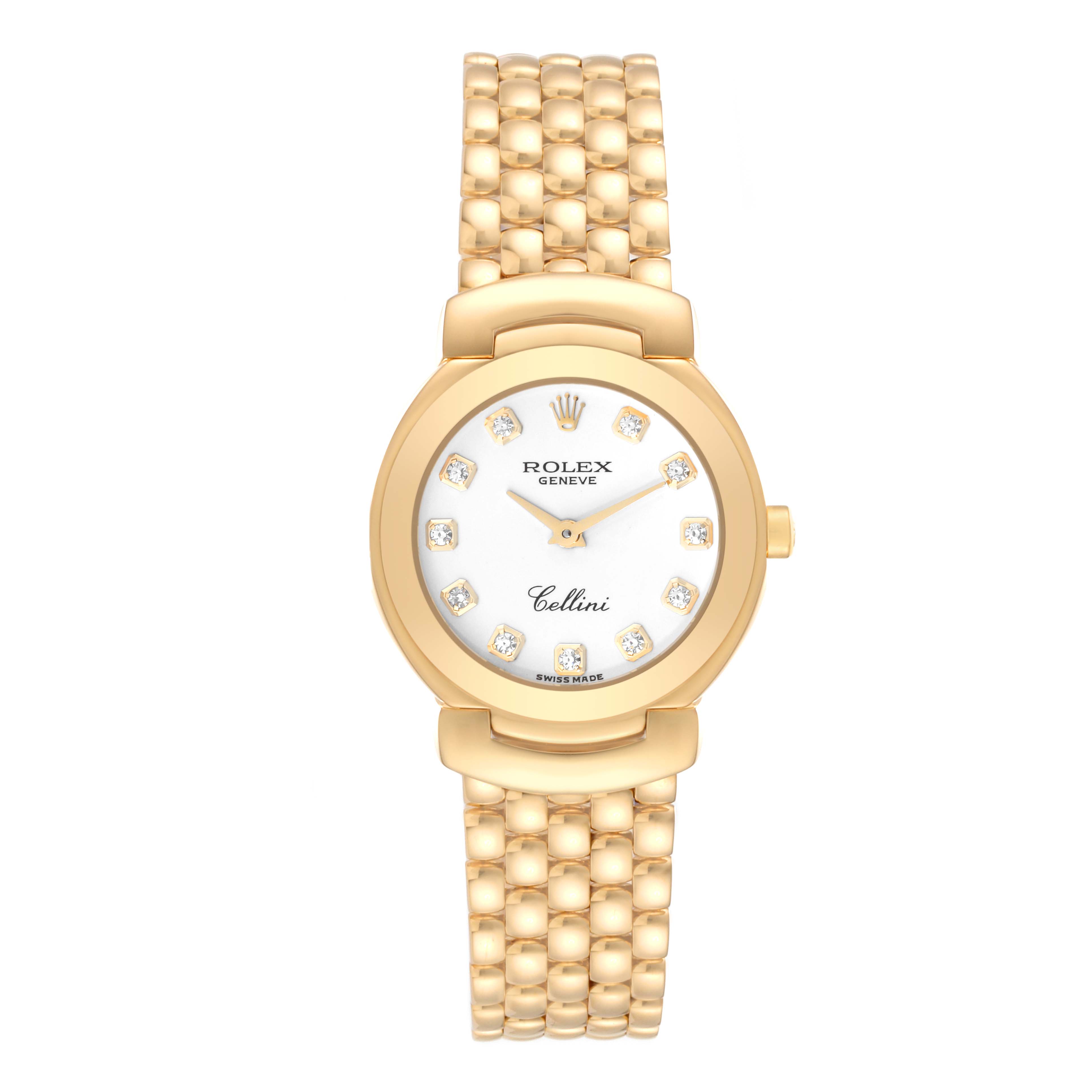 The image shows a Rolex Cellini 6621 Women's Yellow Gold White Dial 6621 Women's Yellow Gold White Dial watch from a front angle, displaying the dial, bezel, case, and bracelet.