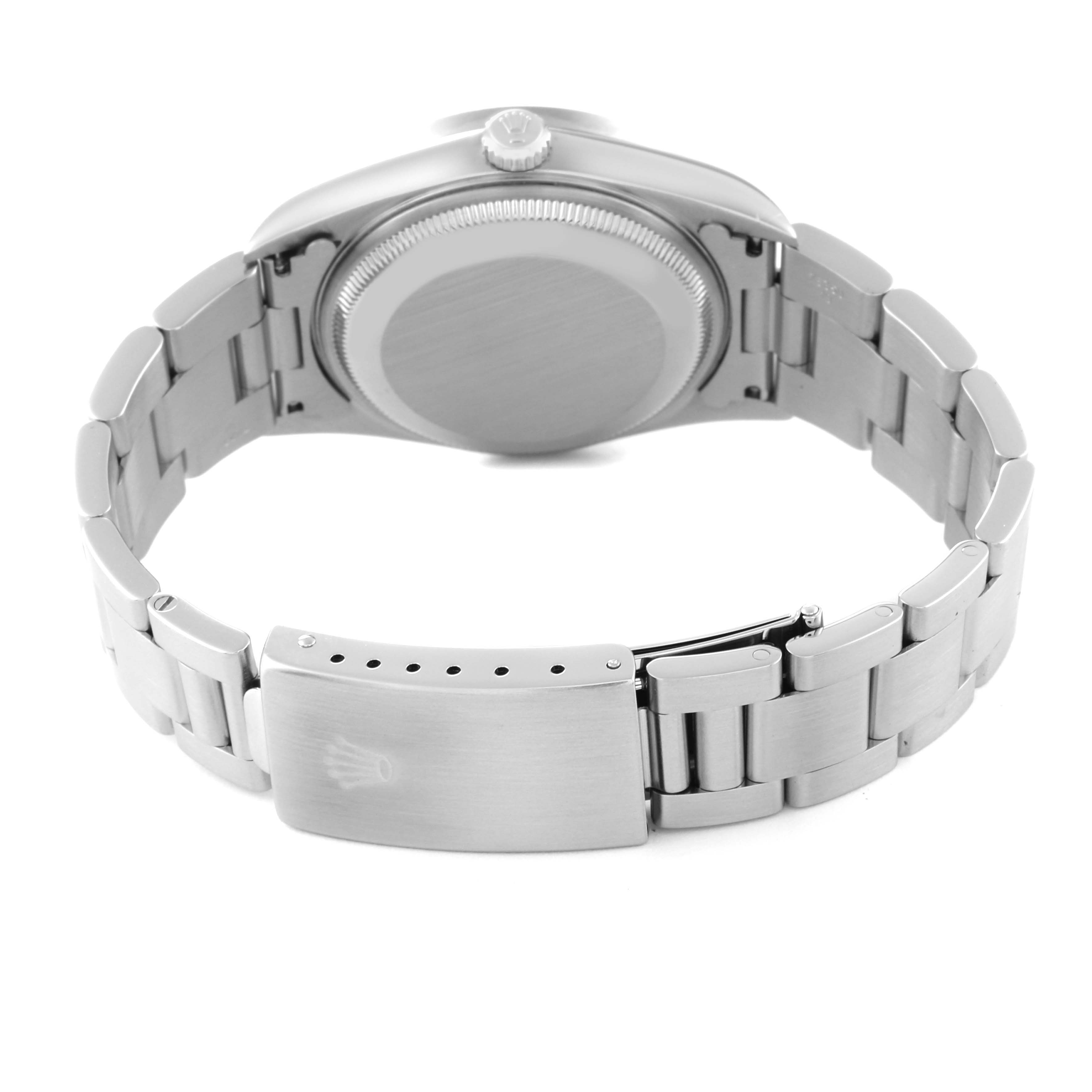 The image shows the back view of a Rolex Date 15210 Men's Stainless Steel Black Dial 15210 Men's Stainless Steel Black Dial model watch, focusing on the closed clasp and metal bracelet.