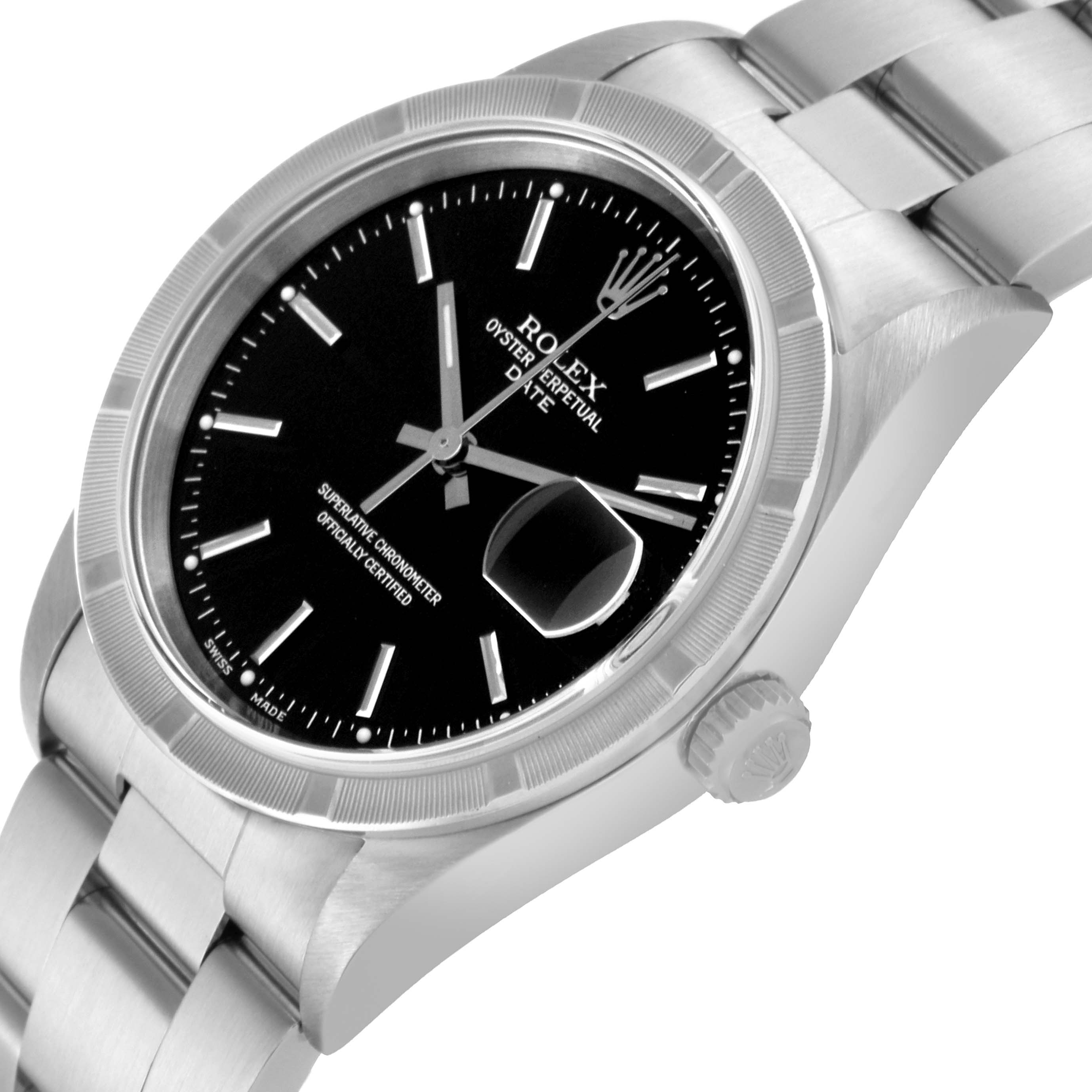 This image displays a Rolex Date 15210 Men's Stainless Steel Black Dial 15210 Men's Stainless Steel Black Dial model watch from a top and slightly angled side view, highlighting the dial, bezel, and bracelet.