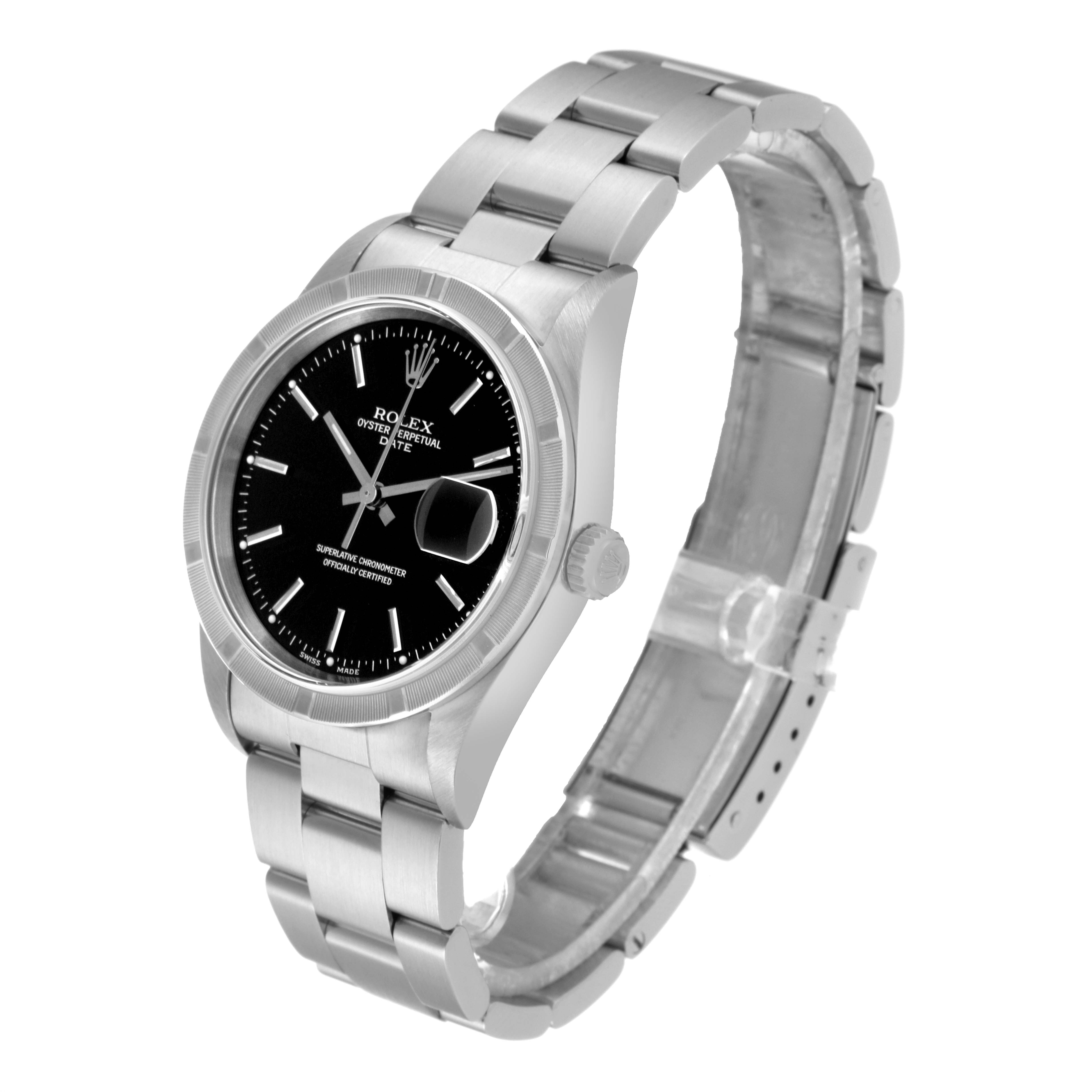 The image shows a Rolex Date 15210 Men's Stainless Steel Black Dial 15210 Men's Stainless Steel Black Dial model watch from a front-left angle, displaying its dial, crown, and bracelet.