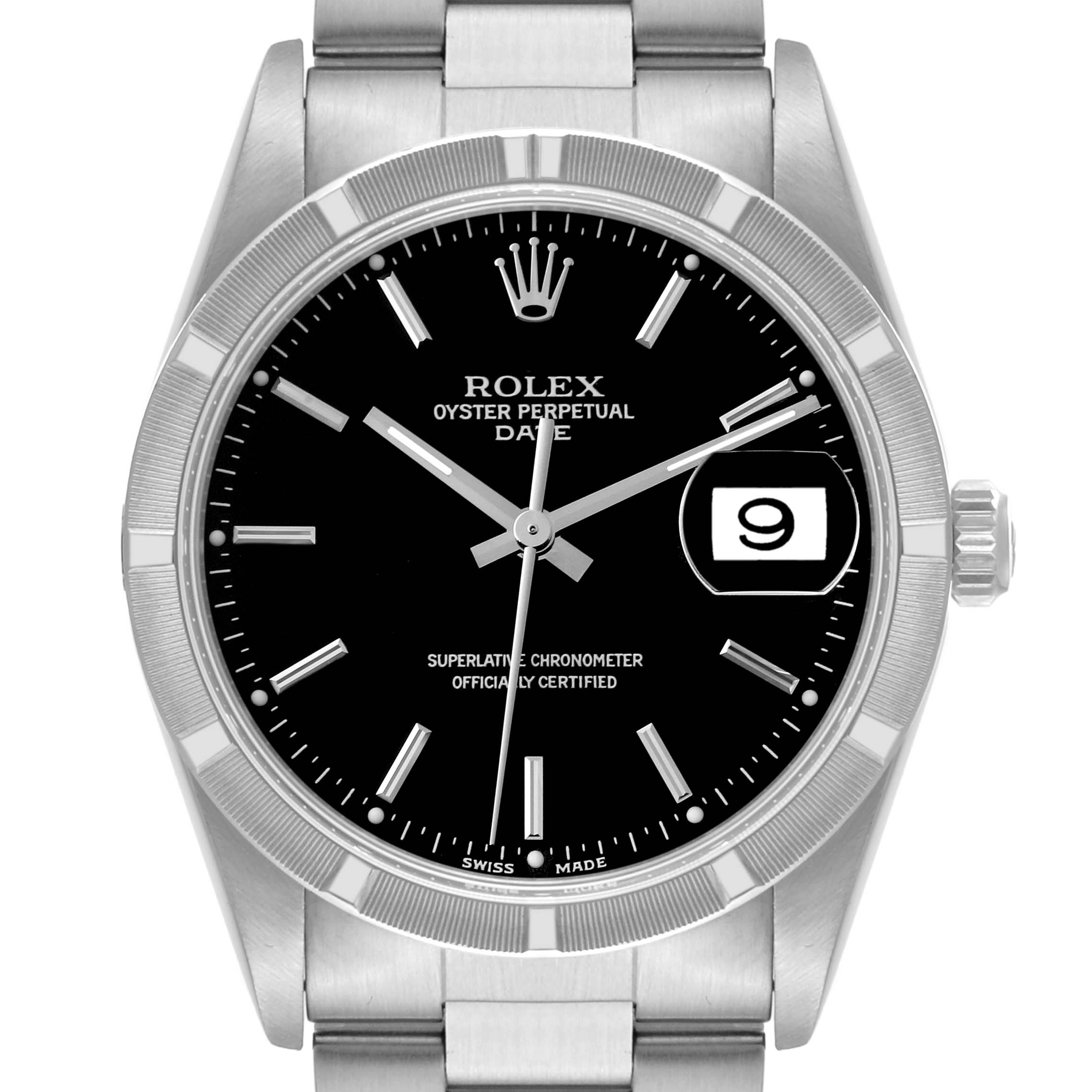 This image shows a front view of a Rolex Date 15210 Men's Stainless Steel Black Dial 15210 Men's Stainless Steel Black Dial model watch, highlighting the dial, hands, crown, bezel, and part of the bracelet.