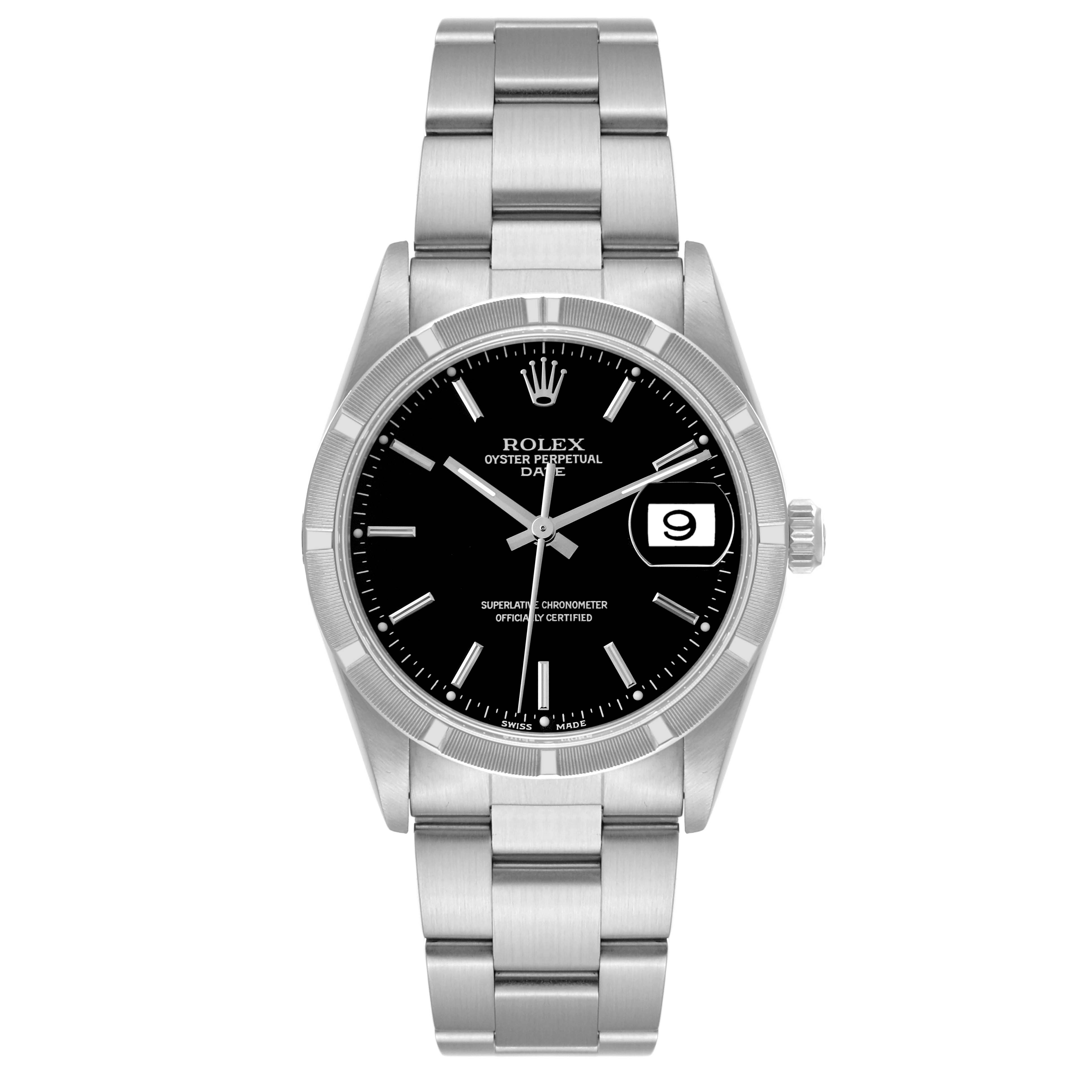 This image shows a frontal view of the Rolex Oyster Perpetual Date watch, displaying its black dial, date window, and stainless steel bracelet.