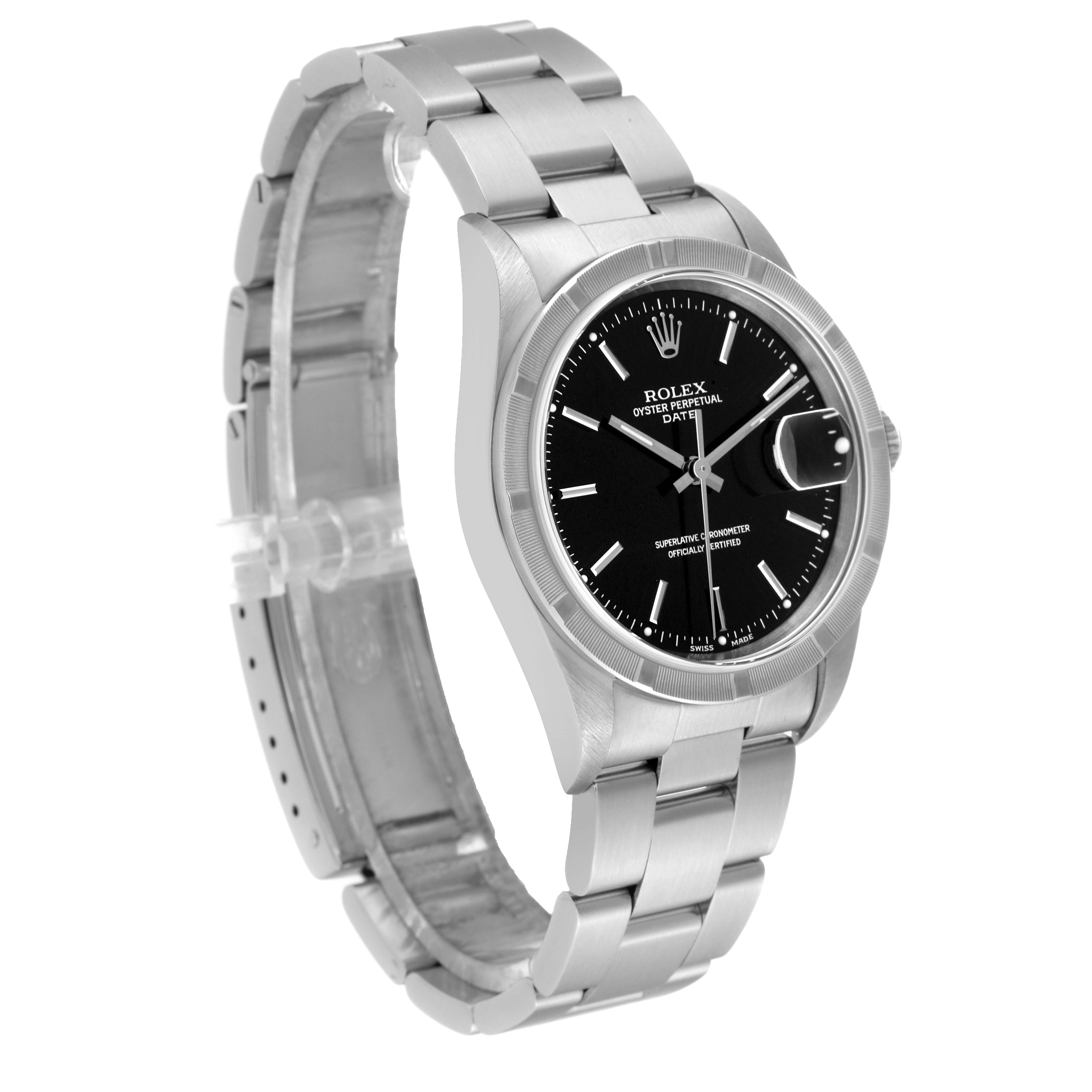 The image shows a Rolex Date 15210 Men's Stainless Steel Black Dial 15210 Men's Stainless Steel Black Dial model watch at a three-quarter angle, displaying the face, bezel, and bracelet.