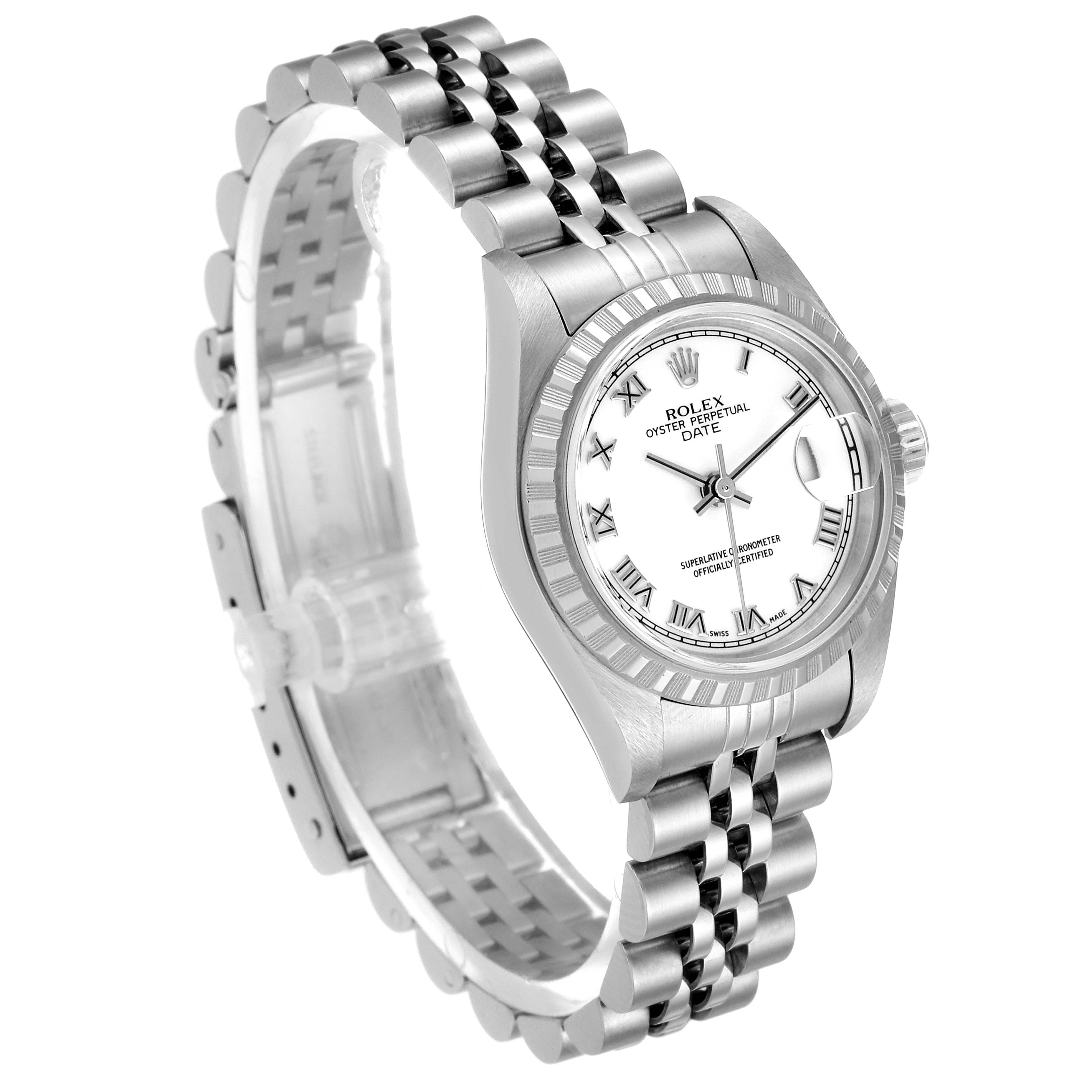 The Rolex Datejust 79240 Women's Stainless Steel White Dial 79240 Women's Stainless Steel White Dial watch is shown at a slight angle, displaying the face, bezel, crown, and bracelet.