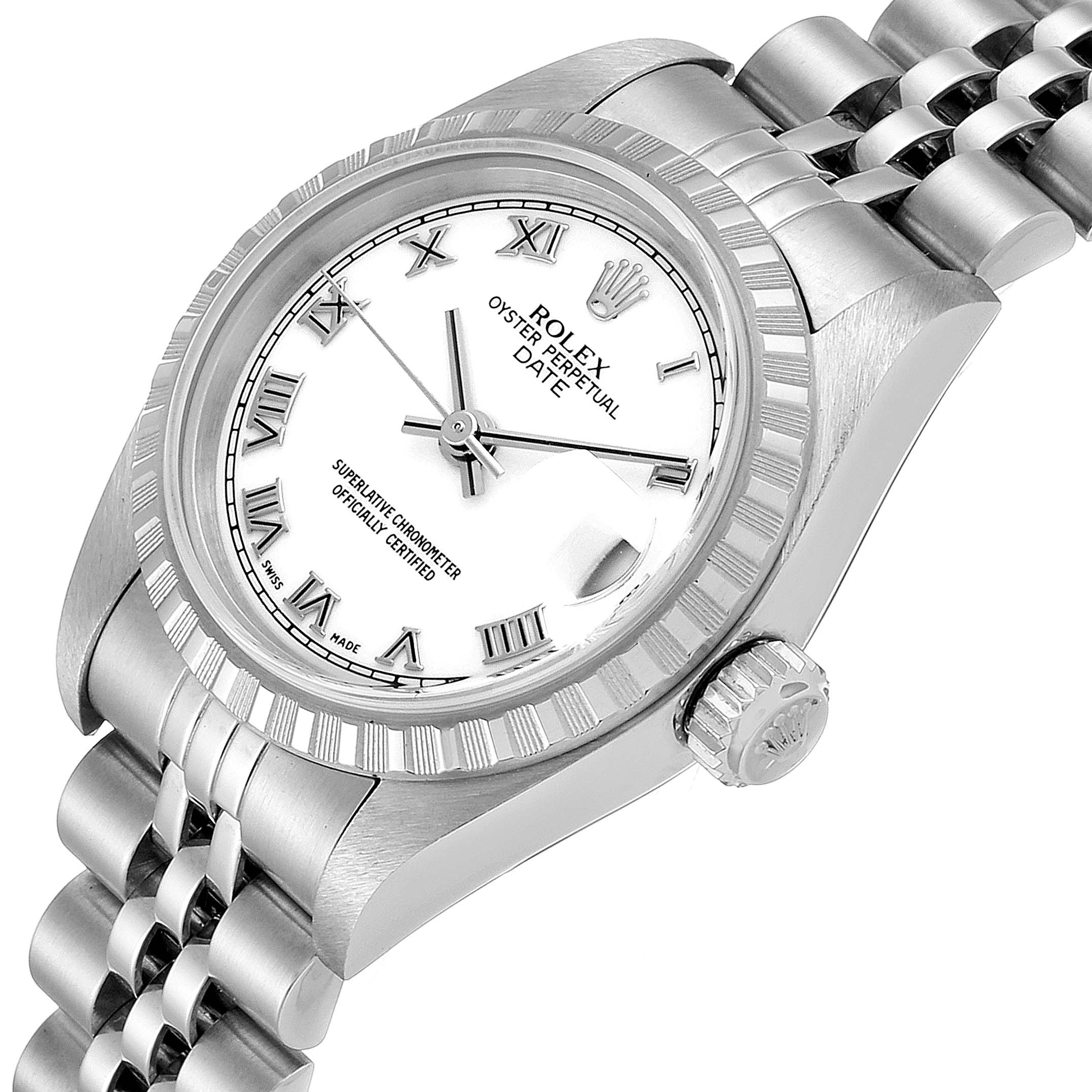 This image shows a close-up angled view of the Rolex Datejust 79240 Women's Stainless Steel White Dial 79240 Women's Stainless Steel White Dial watch, focusing on the dial, bezel, and crown.