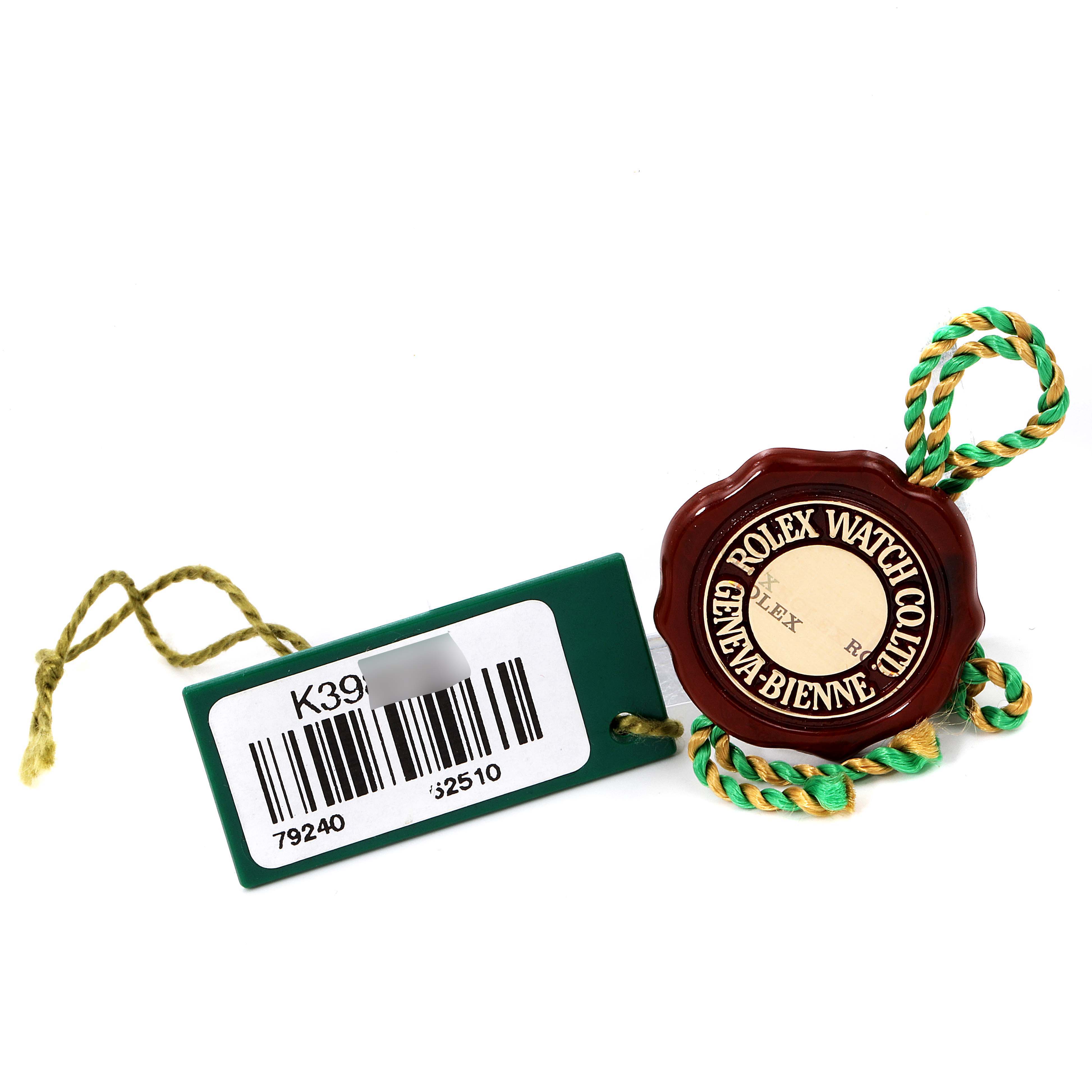 The image shows a tag for a Rolex Datejust 79240 Women's Stainless Steel White Dial 79240 Women's Stainless Steel White Dial model, featuring the brand name and a barcode.