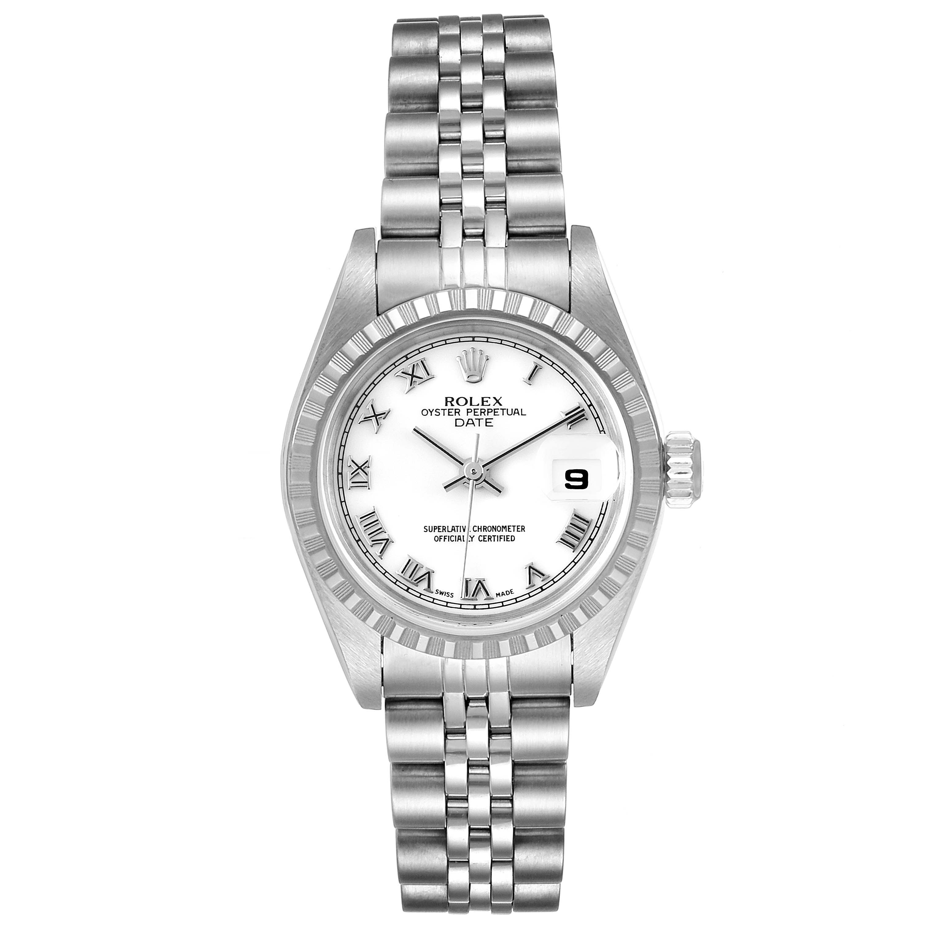 The image shows a front view of the Rolex Datejust 79240 Women's Stainless Steel White Dial 79240 Women's Stainless Steel White Dial watch, displaying the dial, bezel, and bracelet.