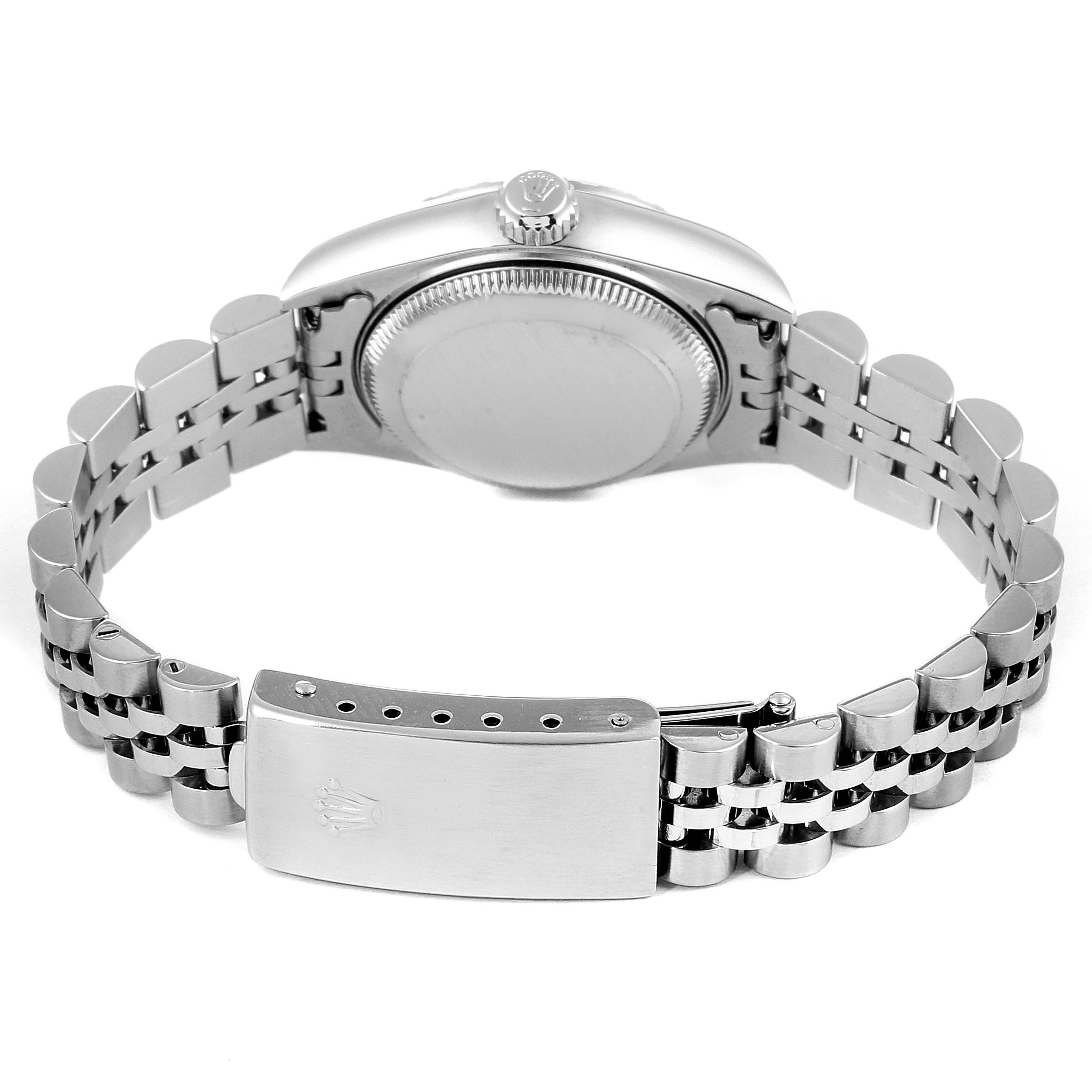 This image shows the back view of a Rolex Datejust 79240 Women's Stainless Steel White Dial 79240 Women's Stainless Steel White Dial watch, highlighting the case back, crown, and bracelet clasp.