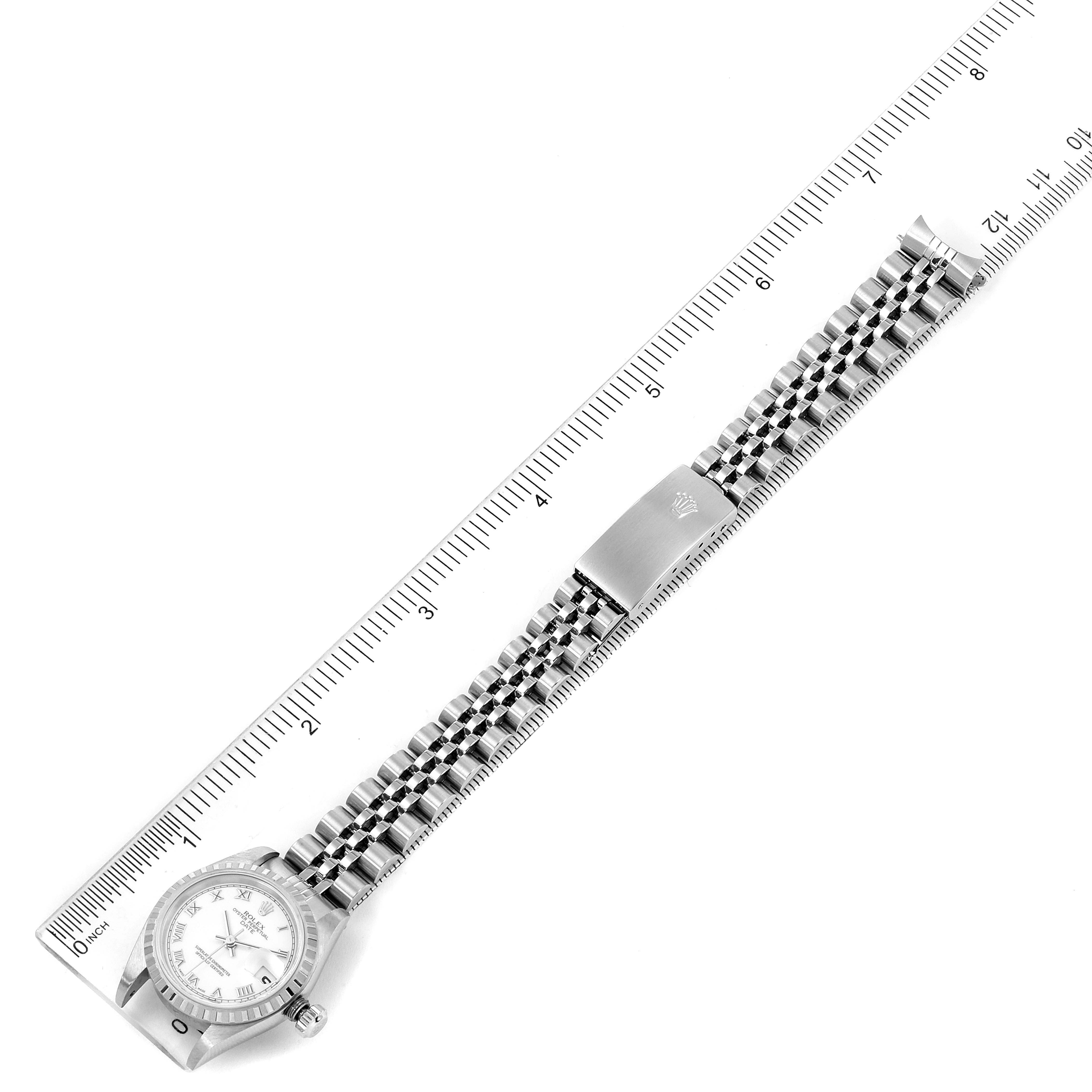 The image shows a top-down view of a Rolex Datejust 79240 Women's Stainless Steel White Dial 79240 Women's Stainless Steel White Dial watch, displaying the face, bezel, and full Jubilee bracelet with a clasp.