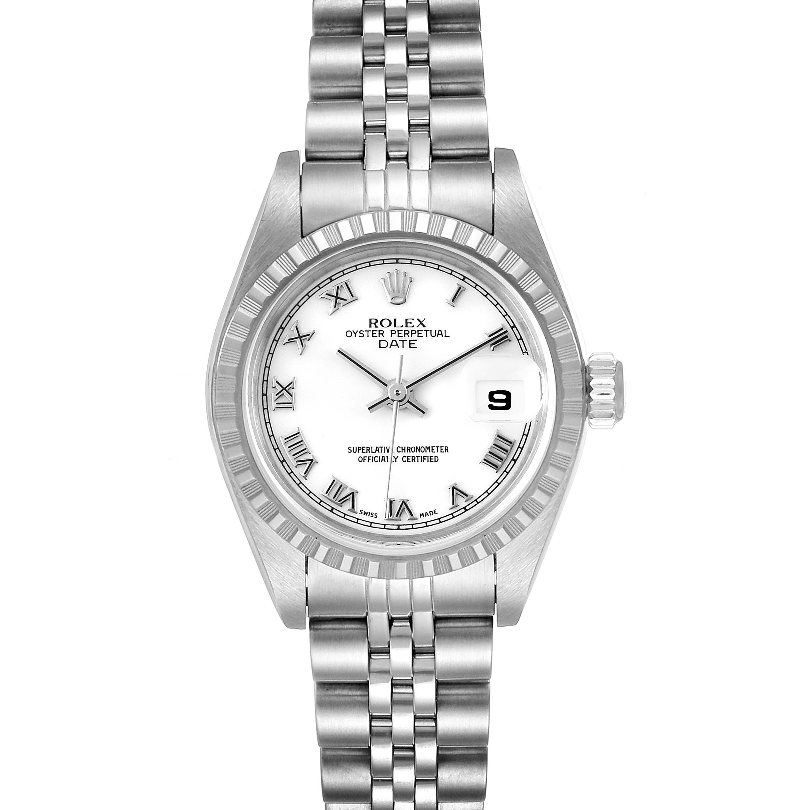The image shows a front view of a Rolex Datejust 79240 Women's Stainless Steel White Dial 79240 Women's Stainless Steel White Dial watch, showcasing its face, bracelet, and date window.