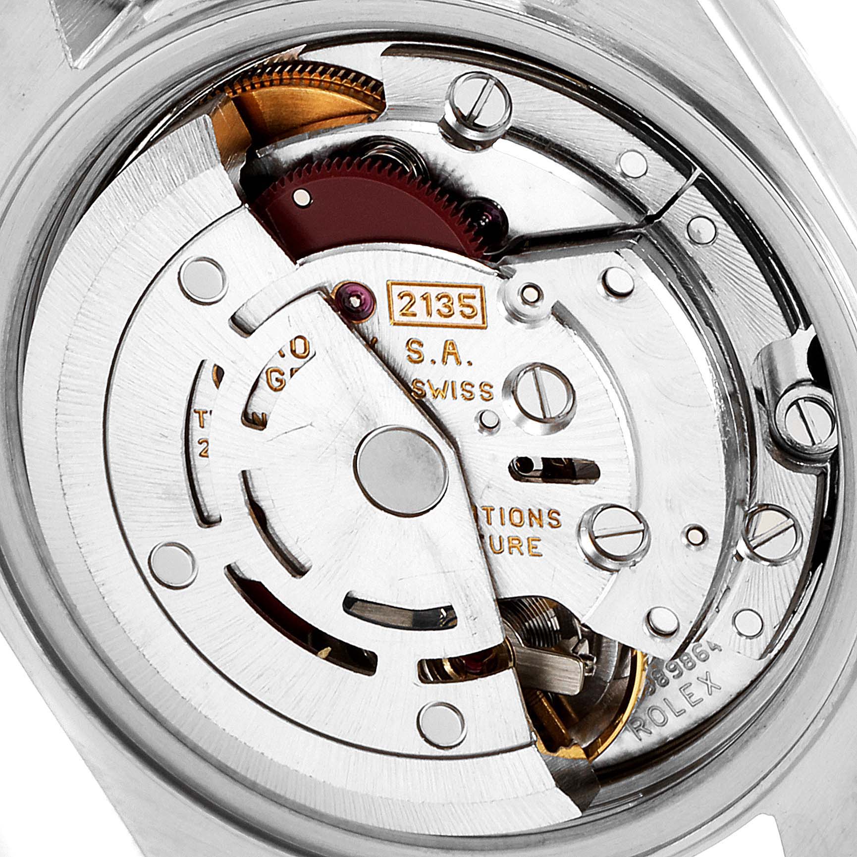 This close-up image shows the inner mechanical movement of a Rolex Datejust 69173 Women's Steel and Gold (two tone) Blue Dial 69173 Women's Steel and Gold (two tone) Blue Dial watch.