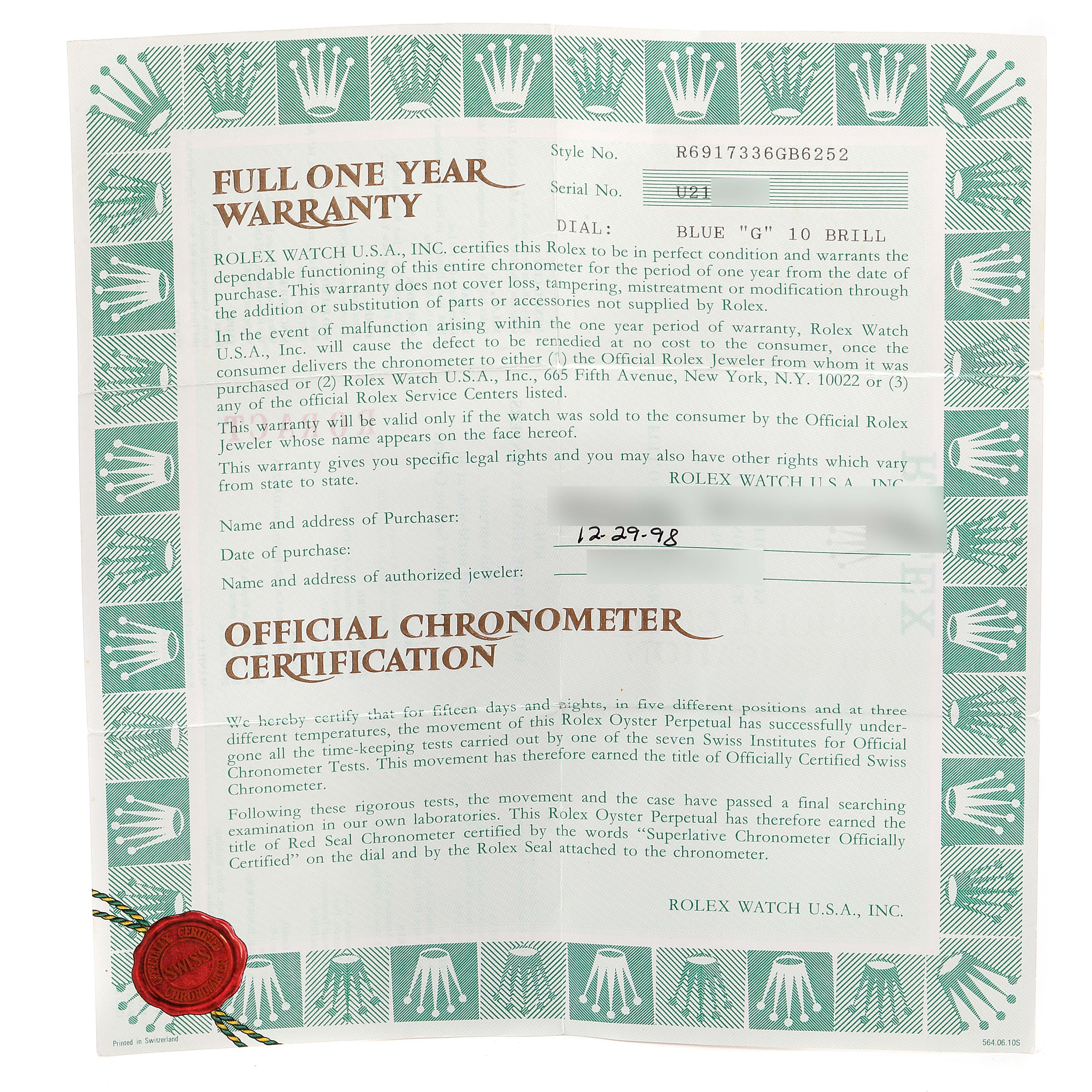 This shows the warranty and official chronometer certification for a Rolex Datejust 69173 Women's Steel and Gold (two tone) Blue Dial 69173 Women's Steel and Gold (two tone) Blue Dial watch.