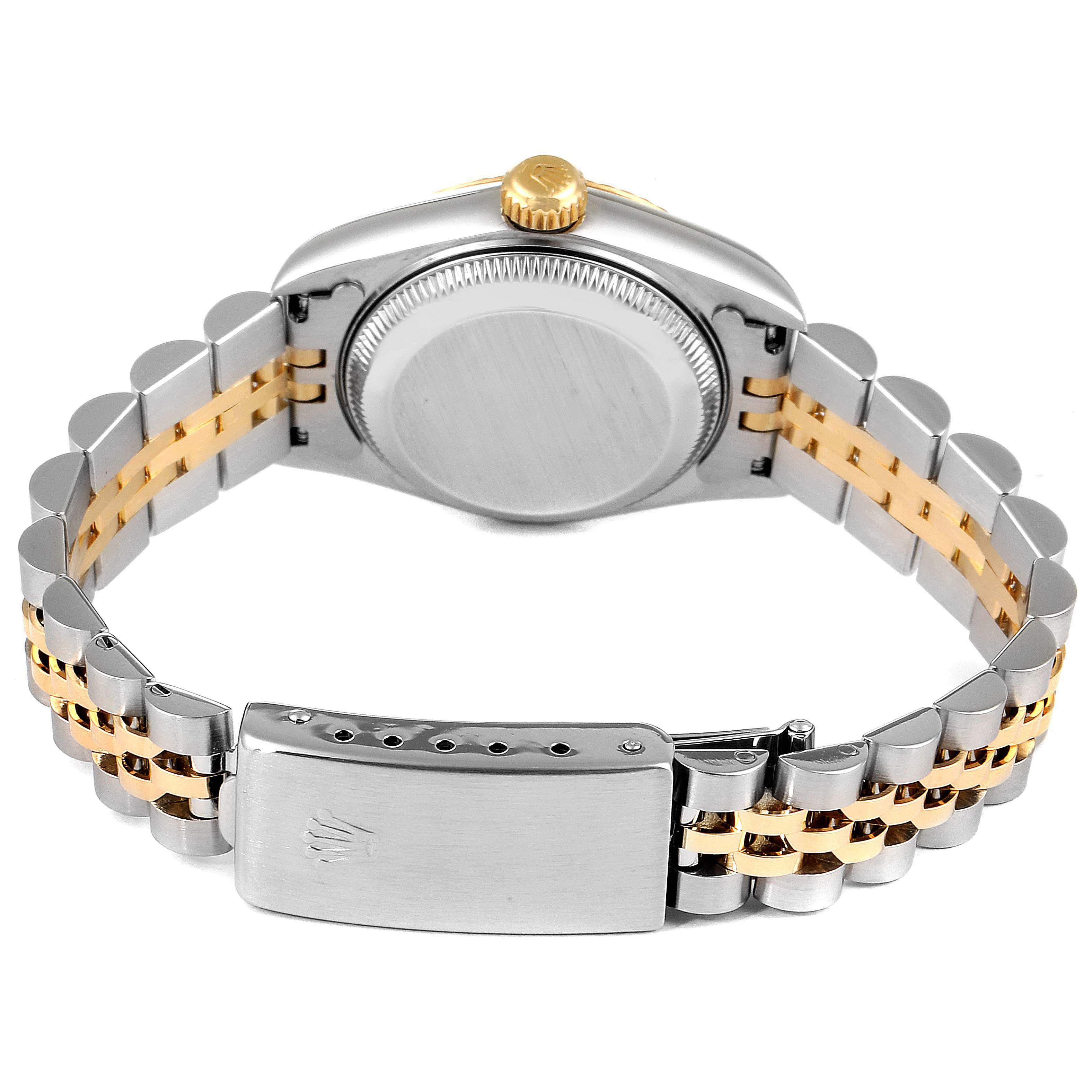 This image shows the back of a Rolex Datejust 69173 Women's Steel and Gold (two tone) Blue Dial 69173 Women's Steel and Gold (two tone) Blue Dial watch, highlighting its case, bracelet, and clasp.