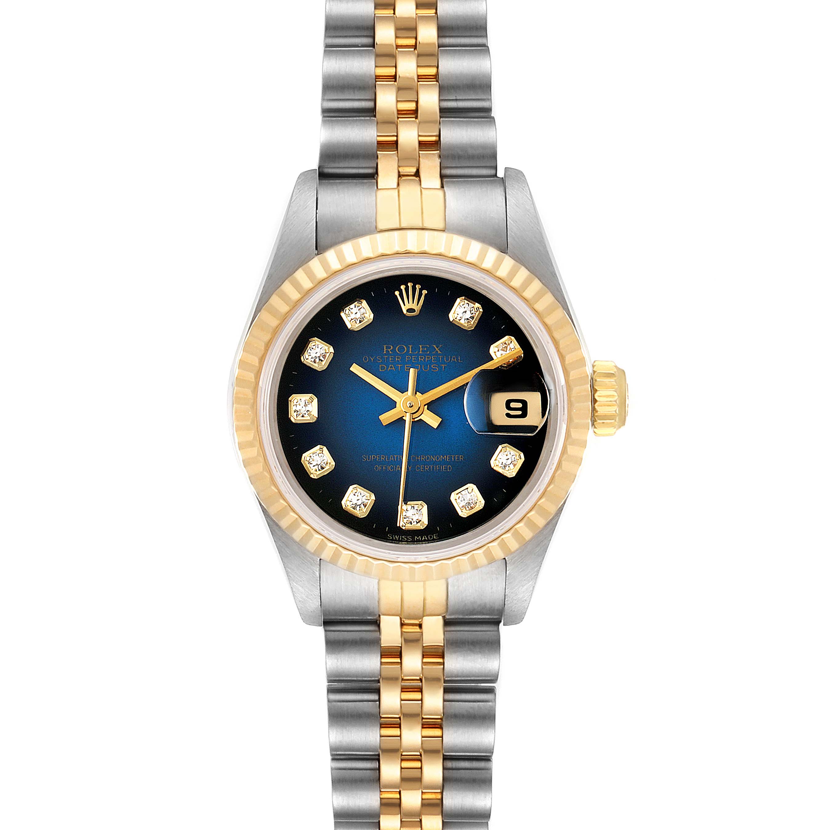 This image shows a front view of a Rolex Datejust 69173 Women's Steel and Gold (two tone) Blue Dial 69173 Women's Steel and Gold (two tone) Blue Dial watch, highlighting its dial, bezel, and bracelet.