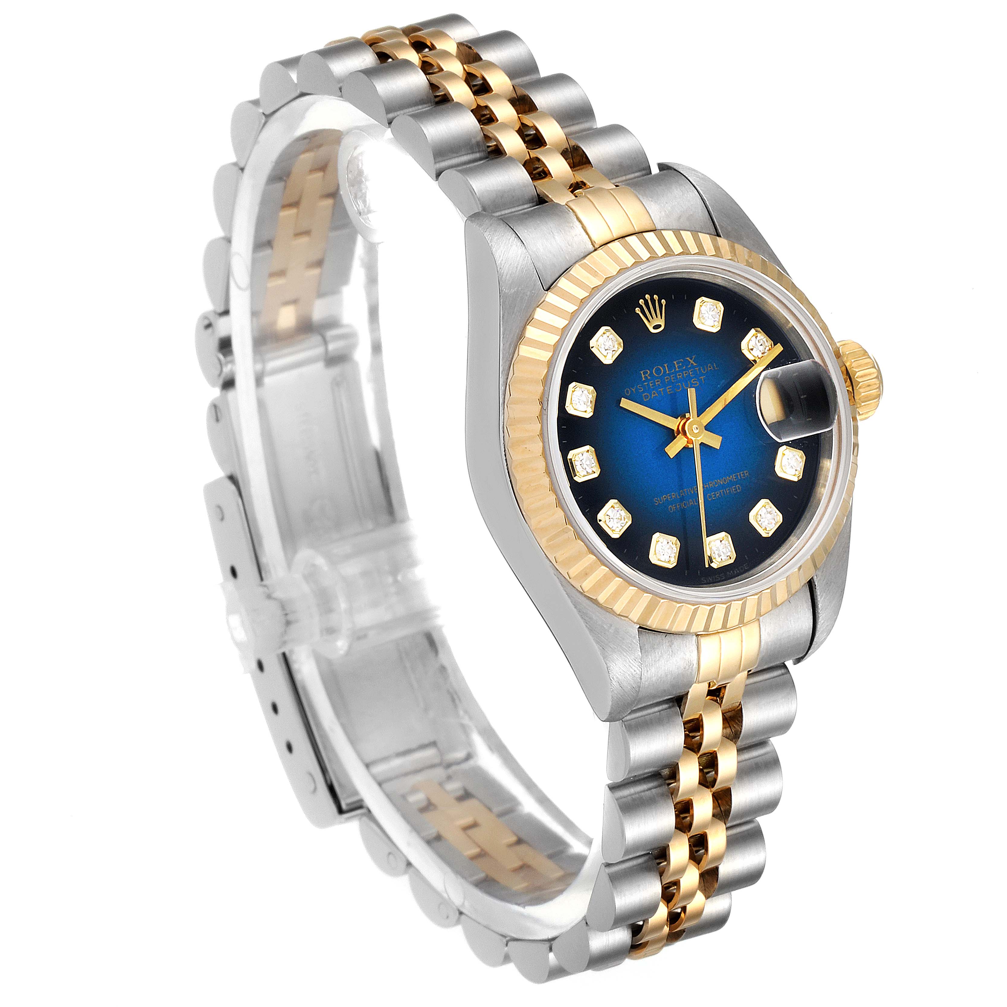 This image shows a Rolex Datejust 69173 Women's Steel and Gold (two tone) Blue Dial 69173 Women's Steel and Gold (two tone) Blue Dial watch at a three-quarter angle, displaying its blue dial, diamond markers, and two-tone bracelet.