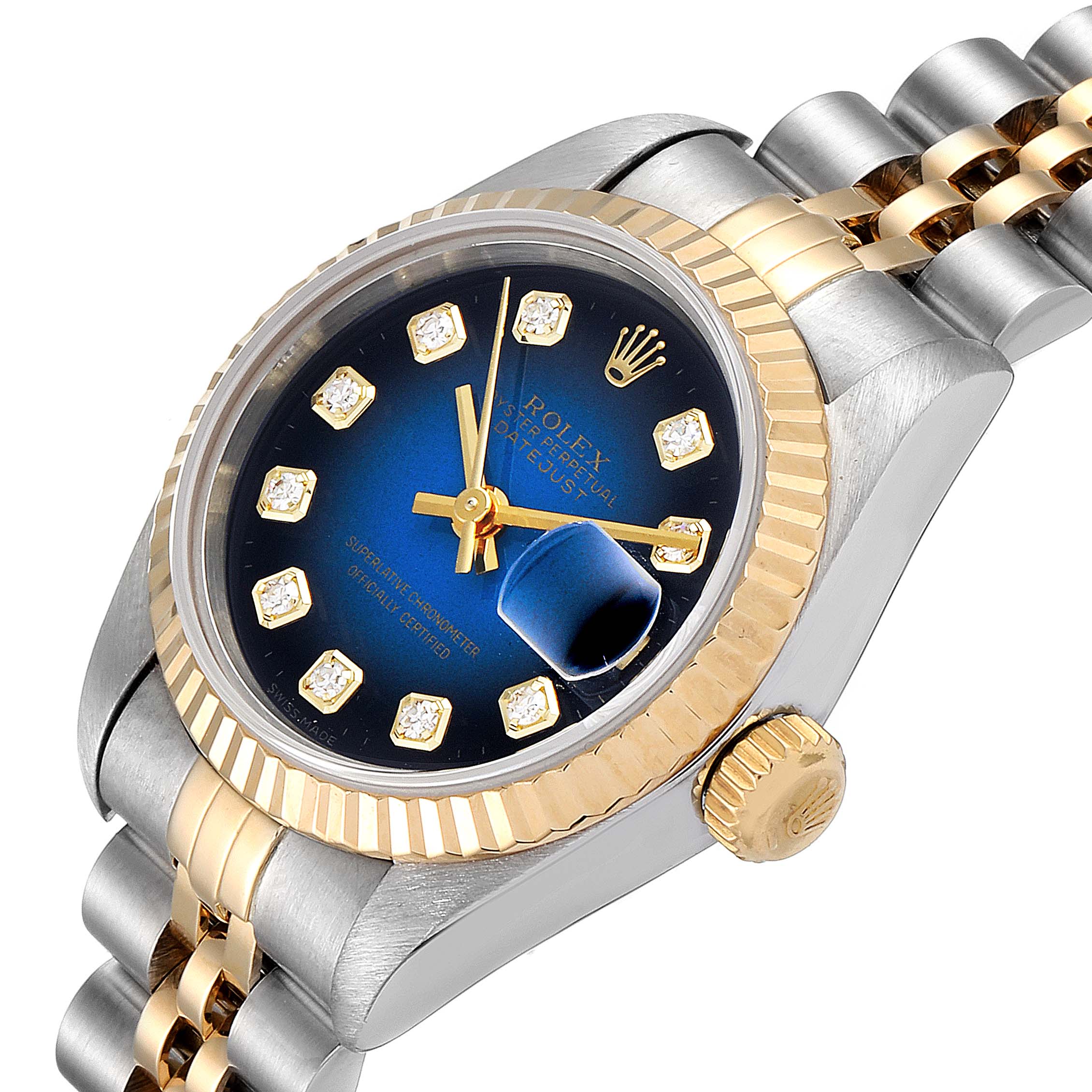 This Rolex Datejust 69173 Women's Steel and Gold (two tone) Blue Dial 69173 Women's Steel and Gold (two tone) Blue Dial watch is shown at an angled side view, highlighting its stainless steel and gold bracelet, fluted bezel, and blue dial.
